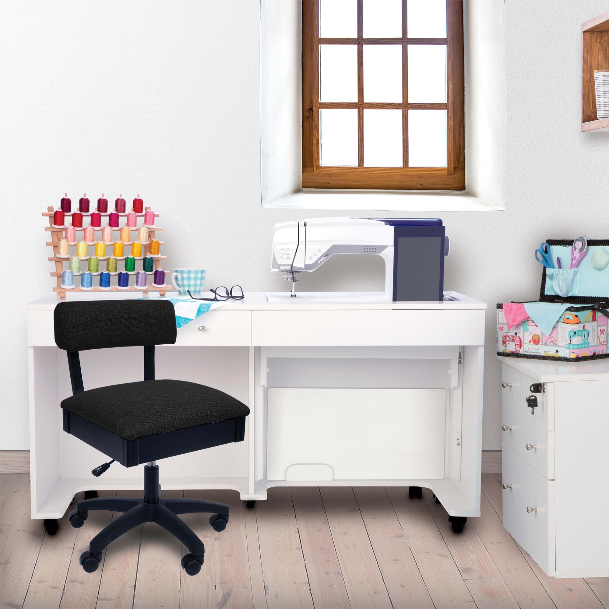 Arrow Sewing H8123 Adjustable Height Hydraulic Sewing and Craft Chair with Under Seat Storage and Solid Fabric, Lady Gray Fabric