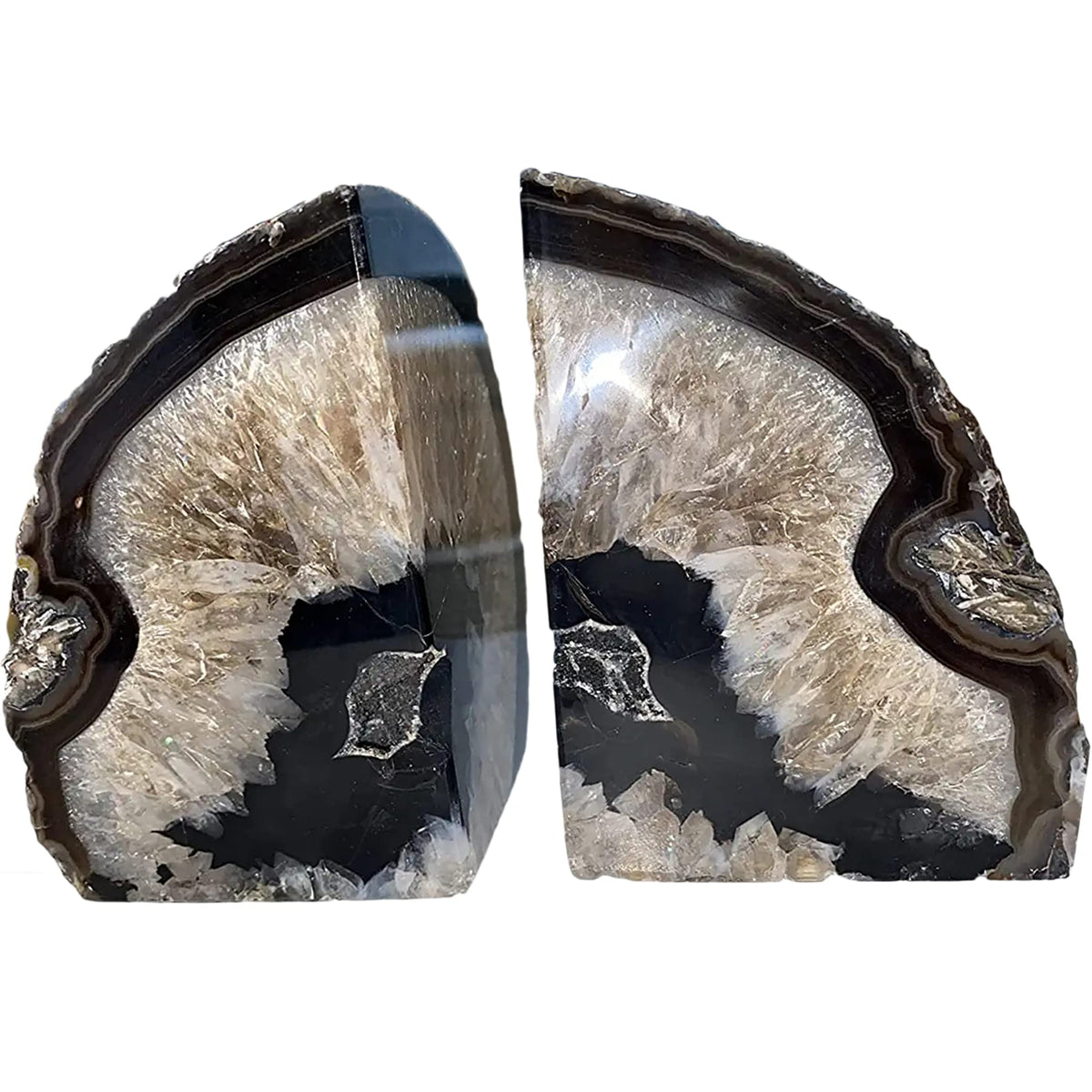 JIC Gem Black Agate Geode Bookends 2-3 Lbs Anti-Slip Rubber Pads Heavy Duty | 1Pair Natural Black Agate Crystal Decor for Shelves & Desk, Unique Small Stone Book Holder Gift for Office & Home Decoration