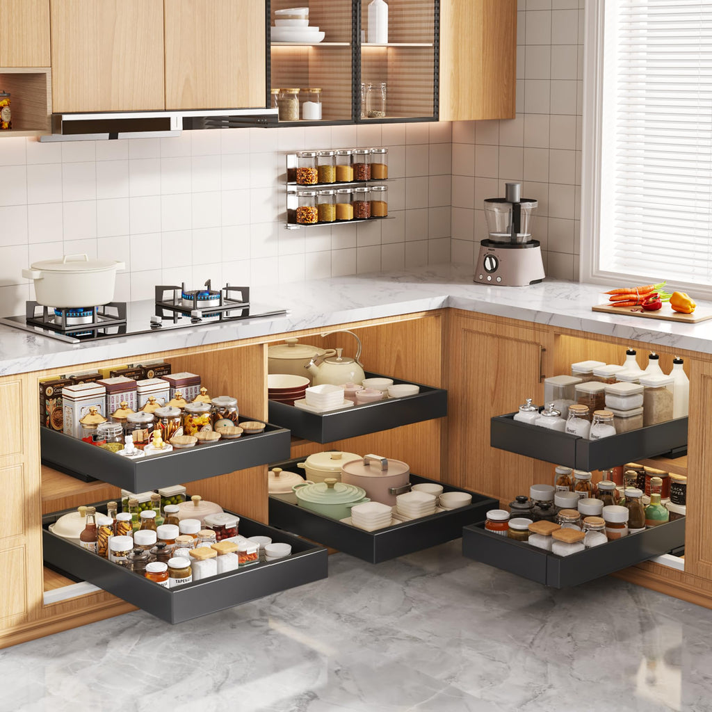 Seinloes 4 Pack Pull Out Cabinet Organizers 21" Deep With Raising Pad for Framed Cabinets, Expandable Width (15.2"-26.3") Slide Out Drawers Upgrade 3 Slide Rails, Roll Out Shelves Adhesive, Black