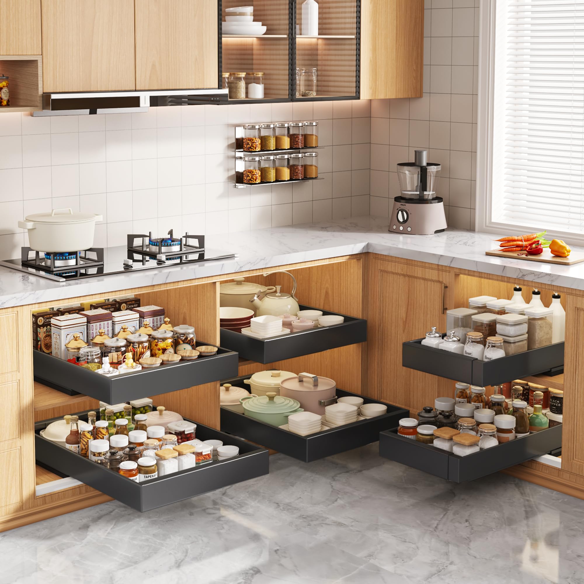 Seinloes 4 Pack Pull Out Cabinet Organizers 21" Deep With Raising Pad for Framed Cabinets, Expandable Width (15.2"-26.3") Slide Out Drawers Upgrade 3 Slide Rails, Roll Out Shelves Adhesive, Black