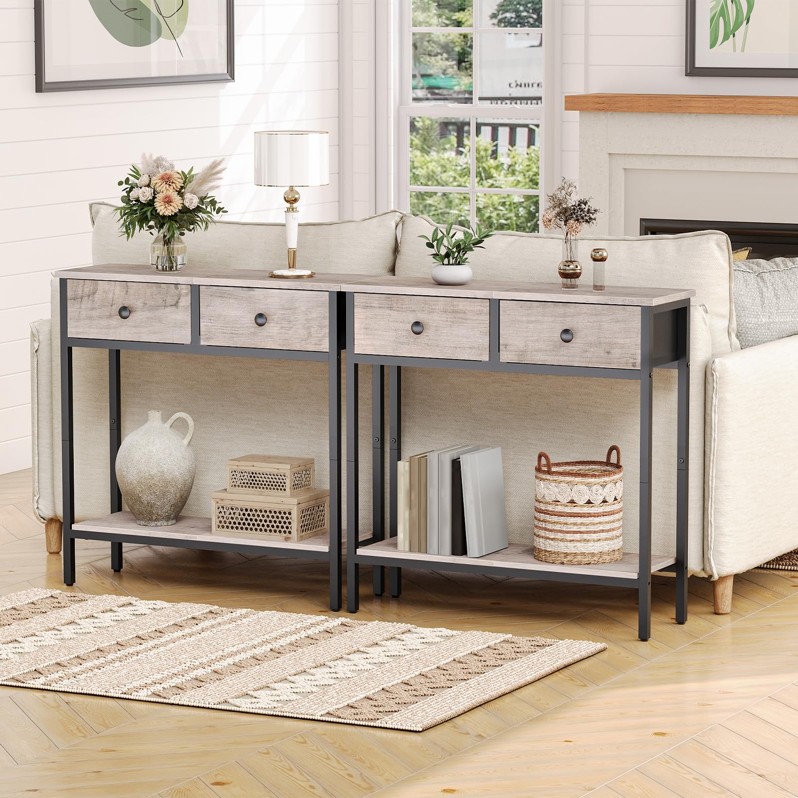 HOOBRO 29.5" Narrow Console Table with 2 Fabric Drawers, Small Entryway Table with 2-Tier Storage Shelves, Sofa Table, Behind Couch Table, for Living Room, Hallway, Black BB71XG01