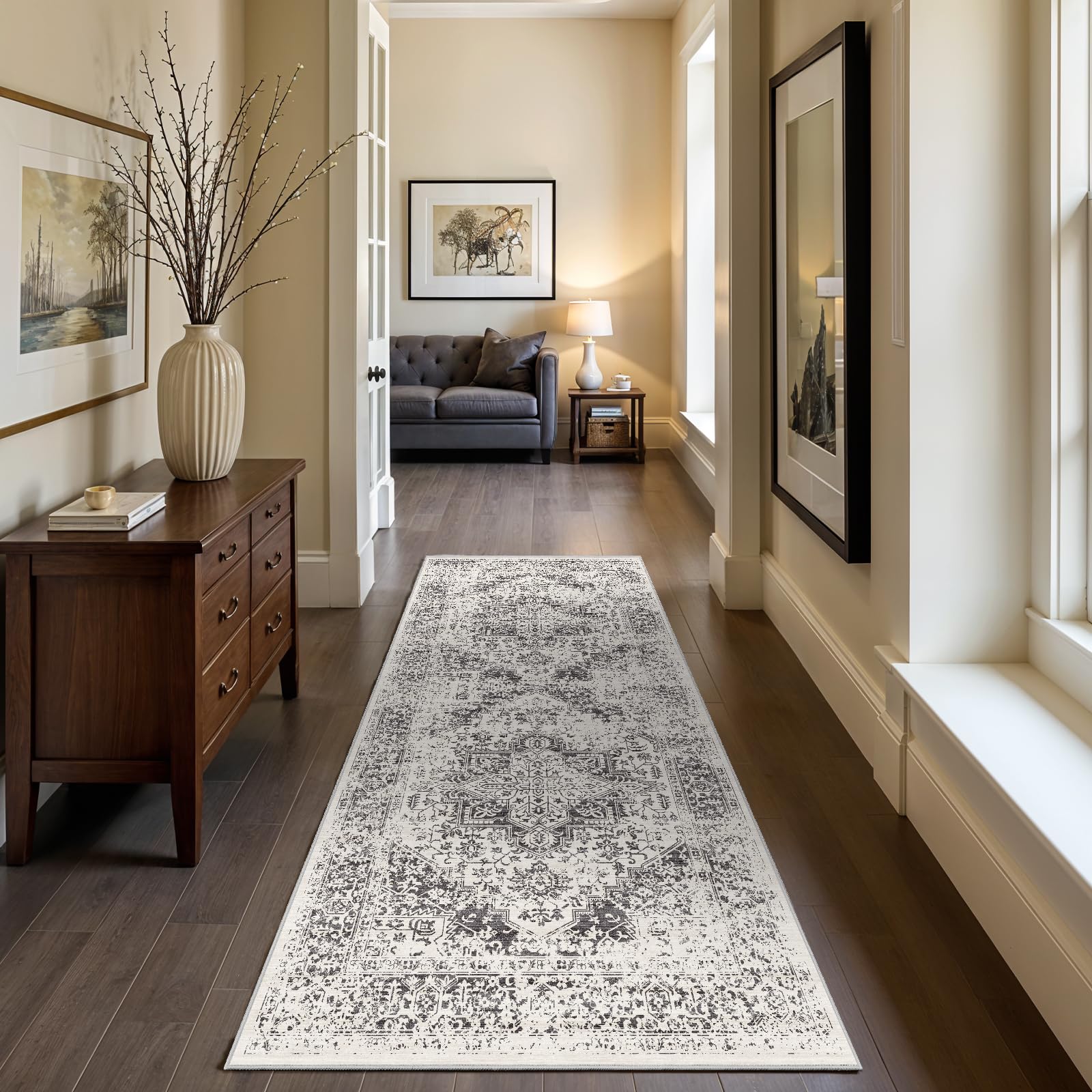 2x5 Washable Kitchen Runner Rug - Soft Low Pile Floral Animal Cat Print Rugs with Non-Slip Backing Waterproof Stain-Resistant Indoor Carpet for Hallway Entryway Bathroom Bedroom (Black)
