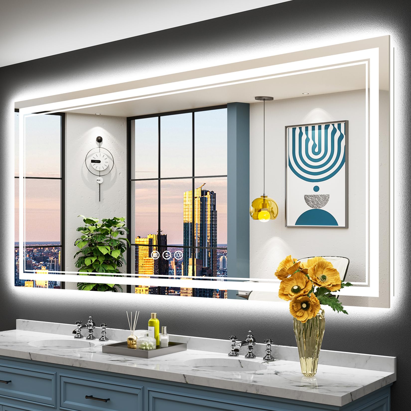 24x32 Black Framed LED Bathroom Mirror with Lights, Backlit and Front Lit Anti-Fog Lighted Vanity Mirrors for Bathroom Wall, Dimmable, 3 Colors, Memory, HD Tempered Glass, Horizontal/Vertical