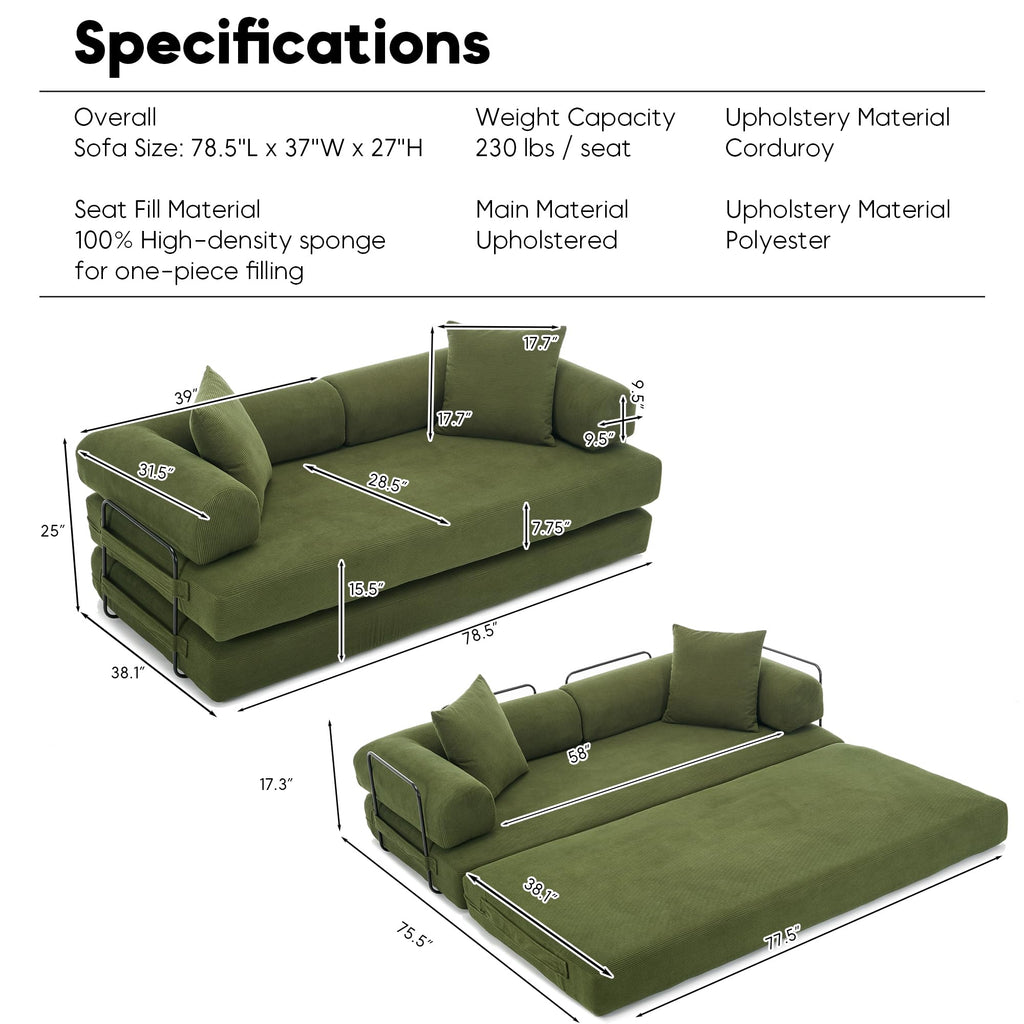 ZEIINPA 59“ Convertible Floor Sofa Bed, 5-in-1 Futon Sofa Bed Pull Out Sleeper Couch, Modern Corduroy Compressed Loveseat, Modular Boneless Couches for Living Room, No Assembly Required, Beige