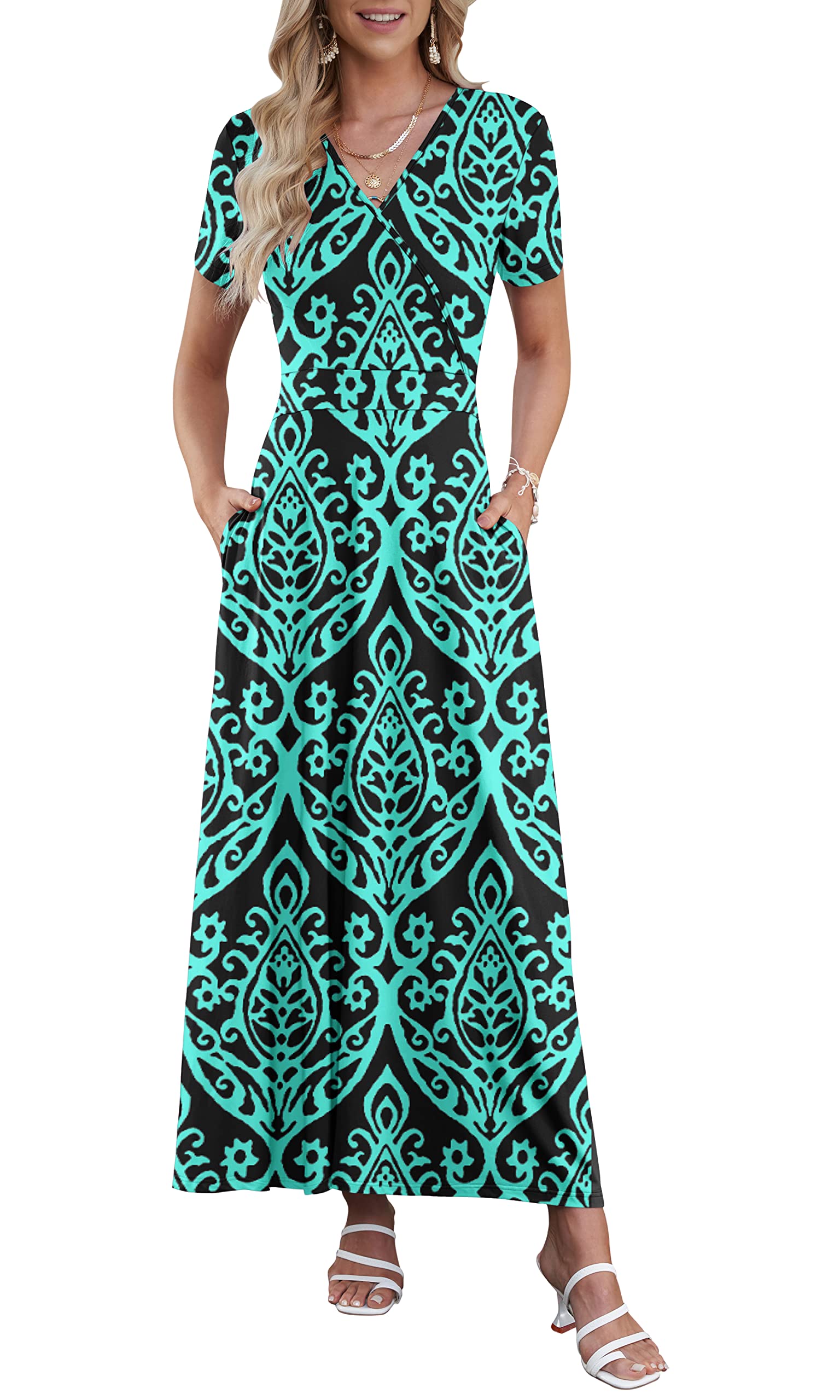 AUSELILY Maxi Dresses for Women Ankle Length Floral Print Beach Long Flowy Dress with Pockets