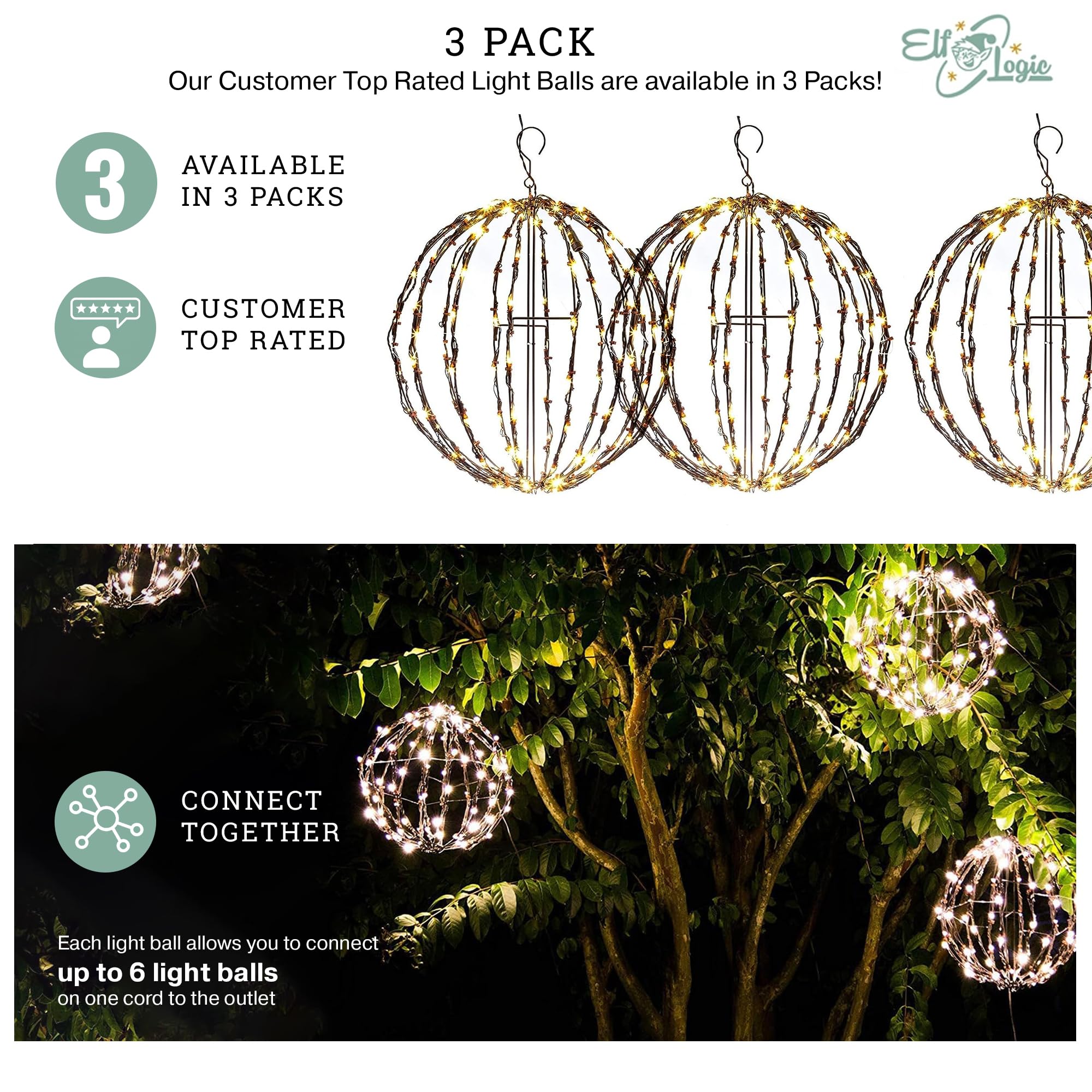 Elf Logic 3 Pack 12” Outdoor/Indoor LED Christmas Light Balls. Durable, Waterproof, Long-Lasting, Lightweight Bright Light Ball. Warm LED Lights for Holiday Decor, Patio, Wedding Decor