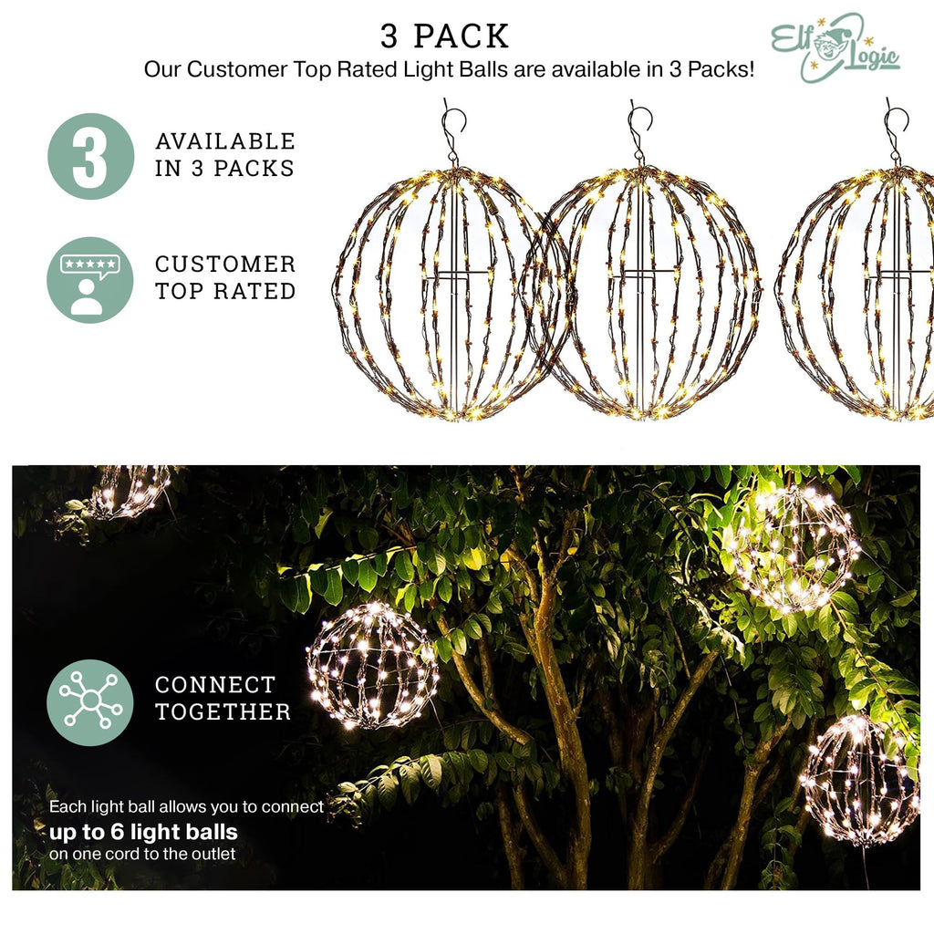 Elf Logic 3 Pack 12” Outdoor/Indoor LED Christmas Light Balls. Durable, Waterproof, Long-Lasting, Lightweight Bright Light Ball. Warm LED Lights for Holiday Decor, Patio, Wedding Decor