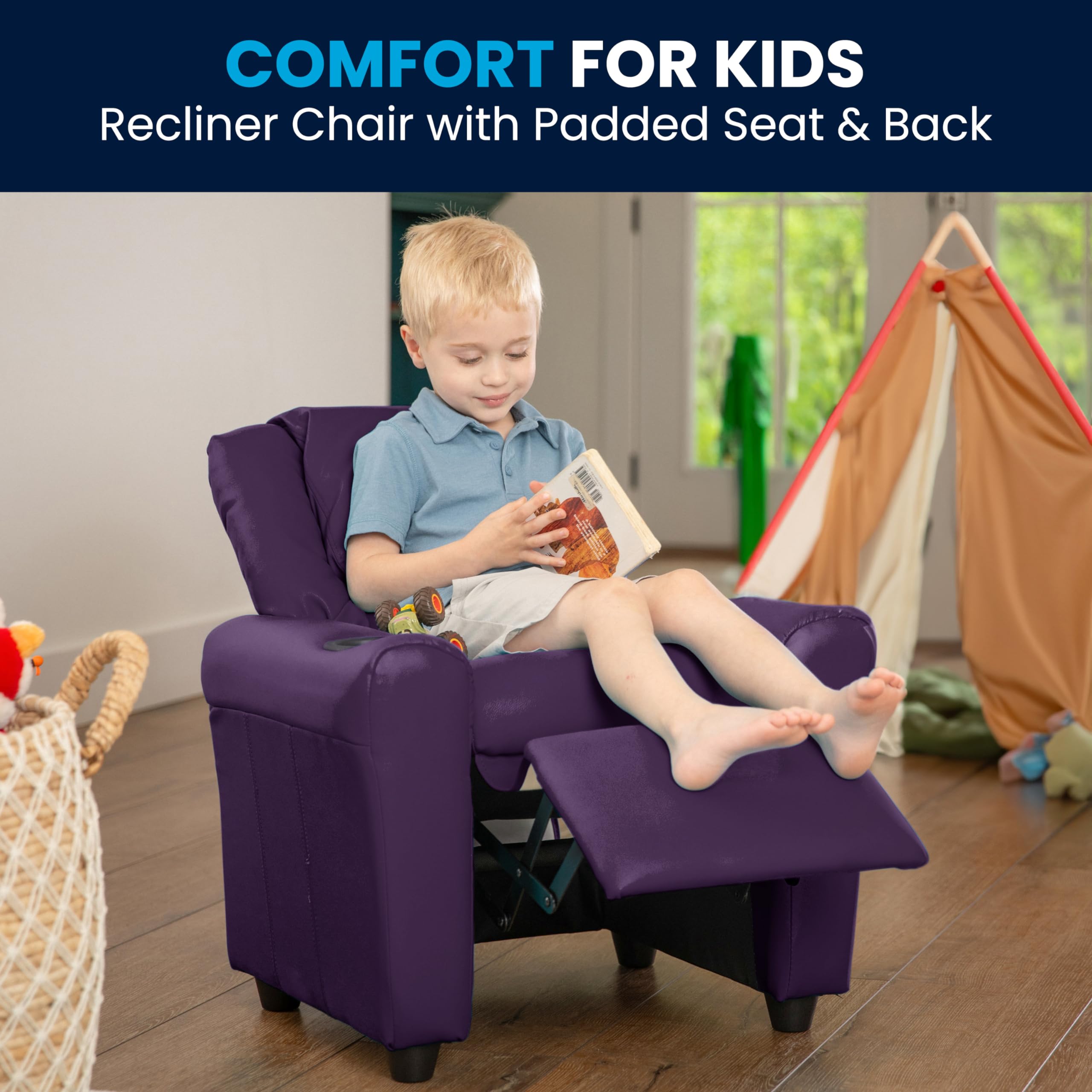 Flash Furniture Vana Vinyl Kids Recliner with Cup Holder, Headrest, and Safety Recline, Contemporary Reclining Chair for Kids, Supports up to 90 lbs., Beige