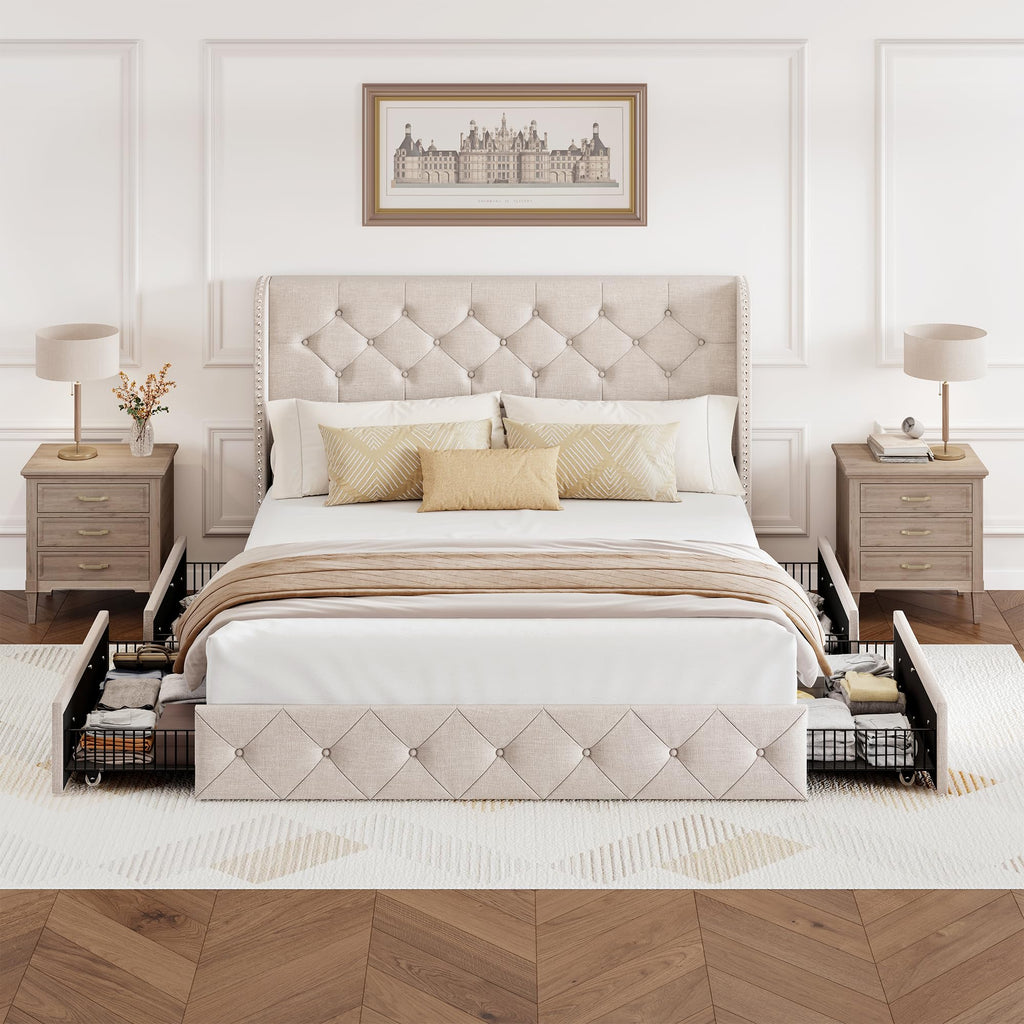 BRELTAM Full Size Bed Frame with Storage Drawers and Wingback Headboard Linen Upholstered Platform Bed Frame Tufted Beds with Heavy Duty Wood Slats, Noise Free, Easy Assembly, Beige