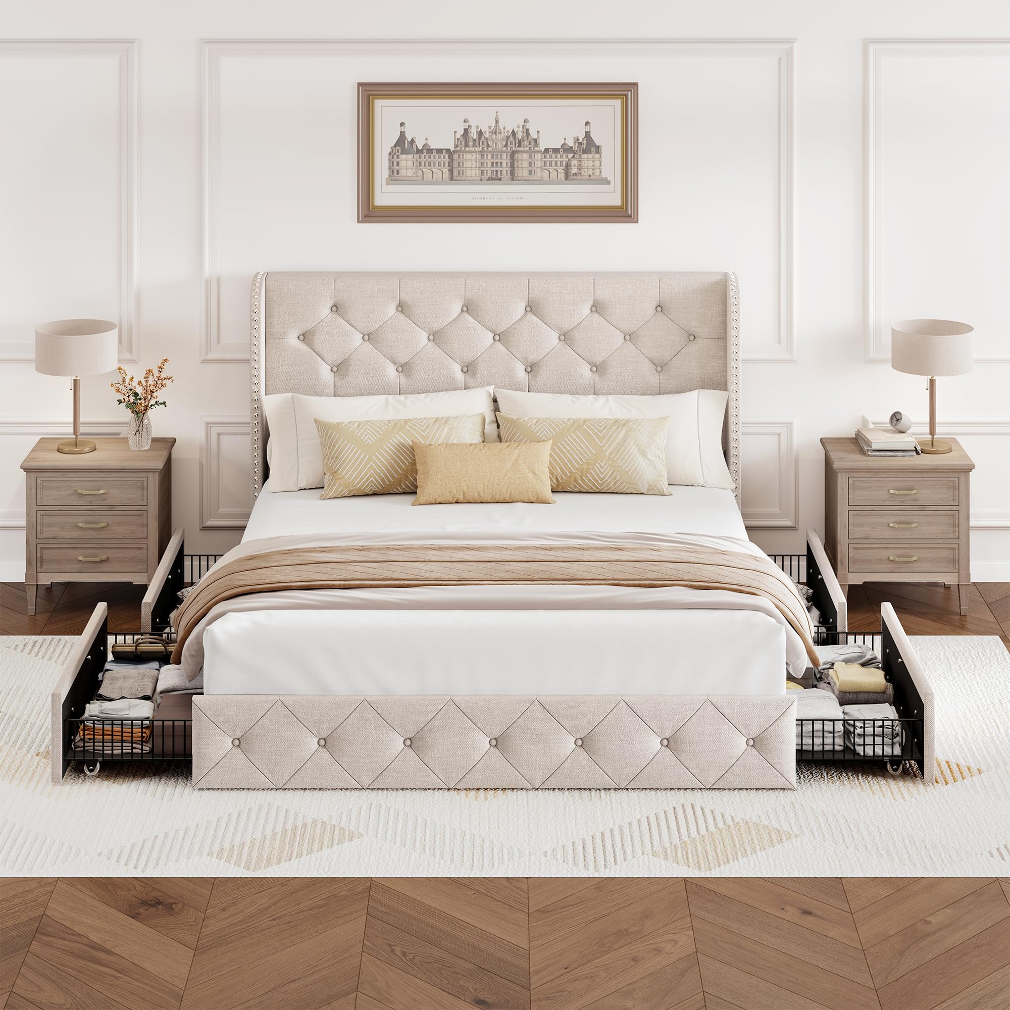 BRELTAM Full Size Bed Frame with Storage Drawers and Wingback Headboard Linen Upholstered Platform Bed Frame Tufted Beds with Heavy Duty Wood Slats, Noise Free, Easy Assembly, Beige