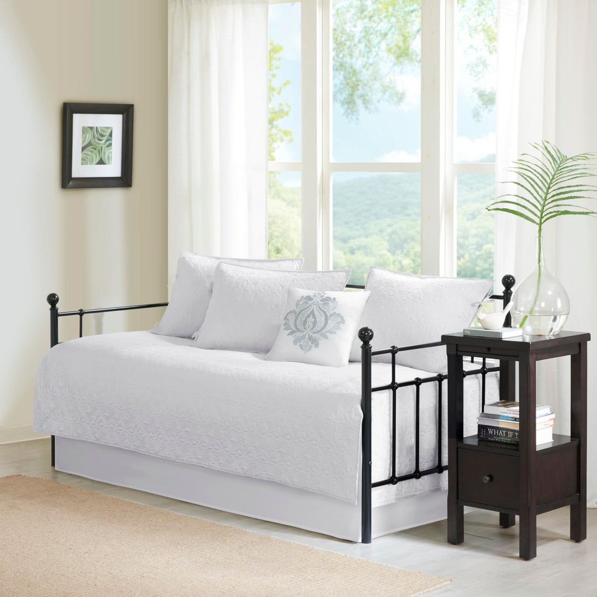 Madison Park Cotton Daybed Cover Set-Double Sided Quilting Classic Cottage Design All Season Bedding with Bedskirt, Matching Shams, Decorative Pillow, 75"x39", Quebec Dark Grey 6 Piece