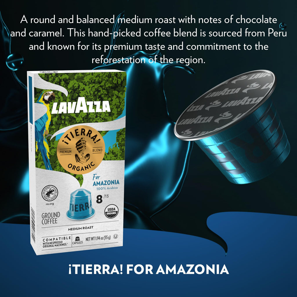 Lavazza TIERRA PLANET USDA ORGANIC Espresso Aluminum Capsules Compatible with Nespresso Original Machines, 10 Count, Medium Roast, 100% Arabica, Intensity 7 of 13