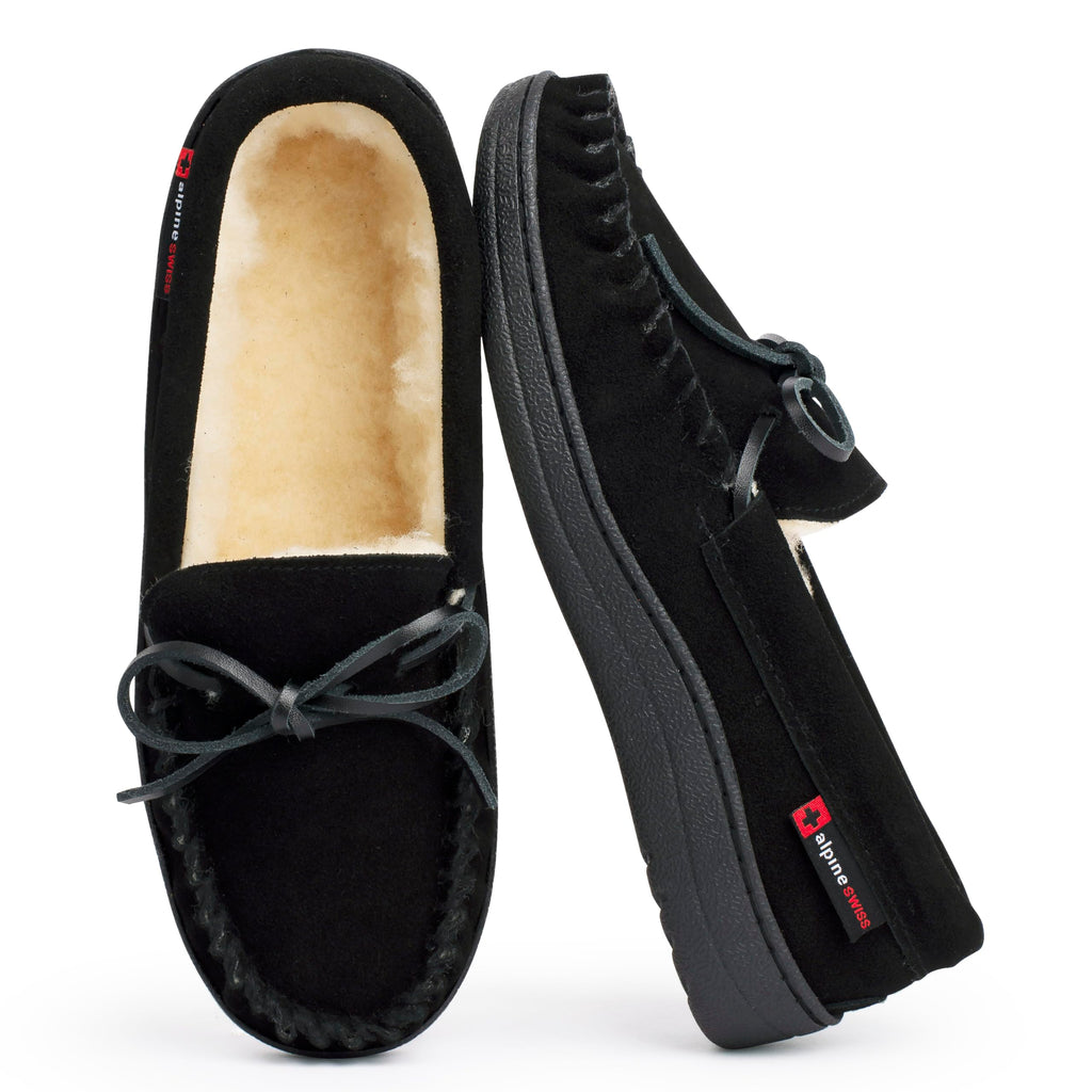 Alpine Swiss Sabine Womens Moccasin Slippers Genuine Suede House Shoe Memory Foam Insole Plush Faux Shearling Fur Indoor Outdoor Anti-Slip Rubber Sole