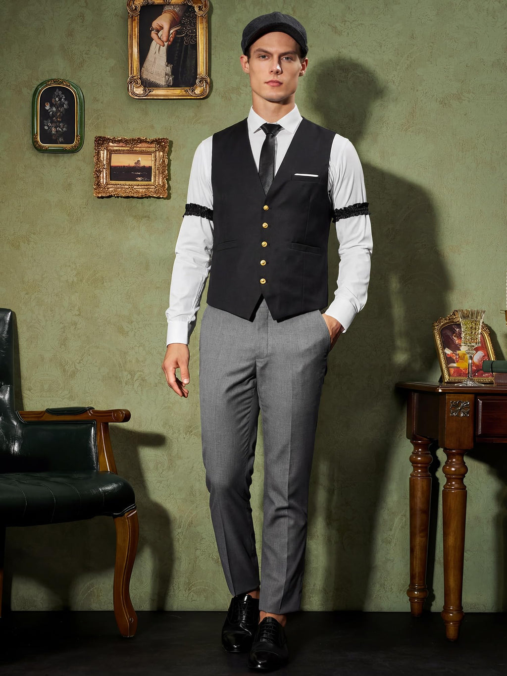YESSA 1920s Mens Costume,Roaring 20s Costumes for Men,Gatsby Costume Men,1920s Mens Outfit Hat Vest Pocket Watch Tie