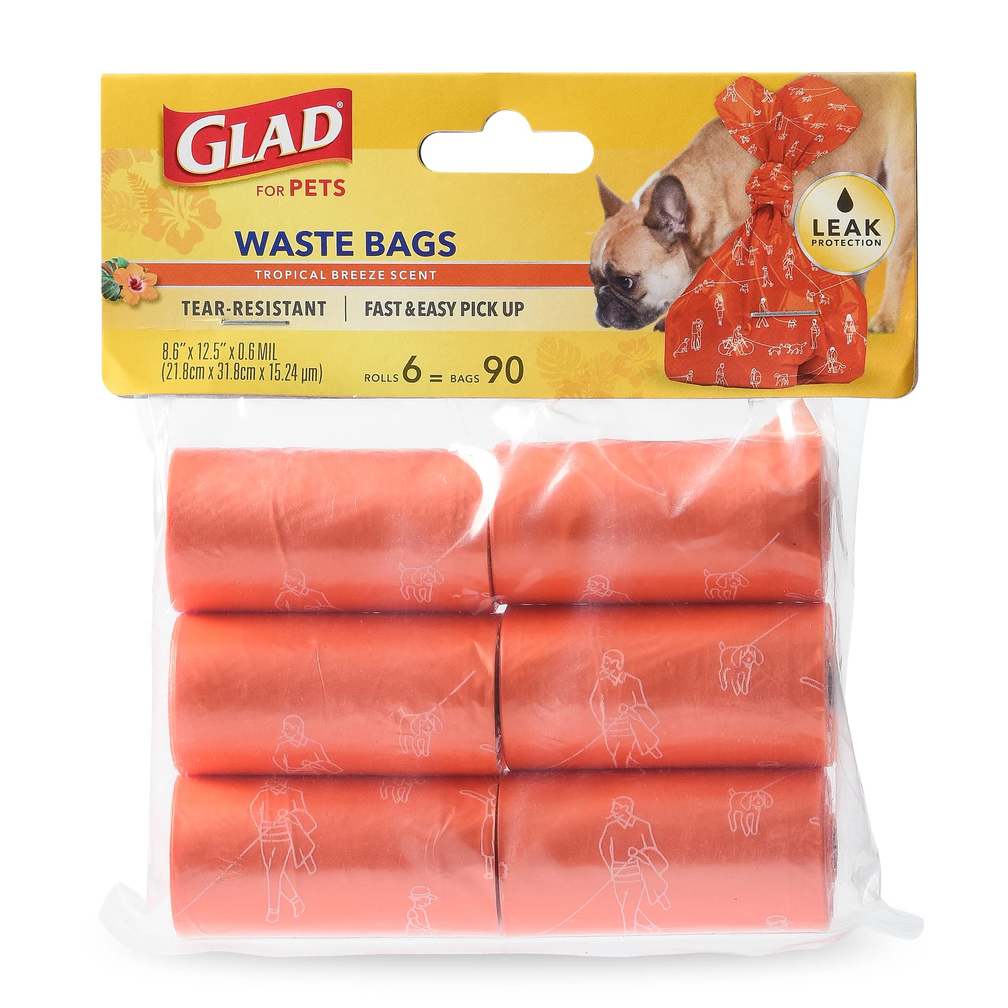 Glad for Pets Heavy Duty Dog Poop Bags, Scented Leak-Resistant Waste Bags with Fun Print Design, Tear-Resistant for Confident Pickup, Fits Standard Dispensers, 6 Rolls, 90 Count (Pack of 2)