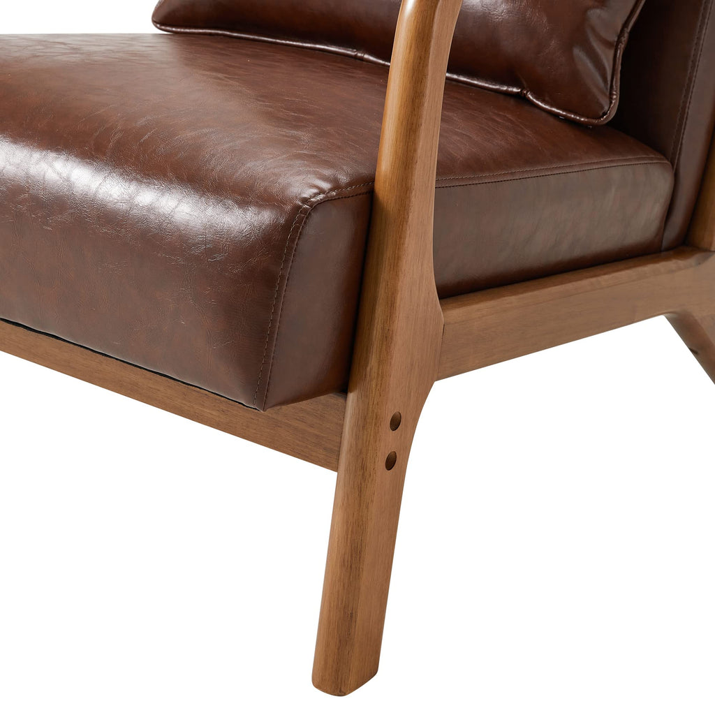Glitzhome 2 Set Mid Century Black Accent Armchair, Single Reading Armchair PU Leather Lounge Chair with Walnut Ruberwood Frame