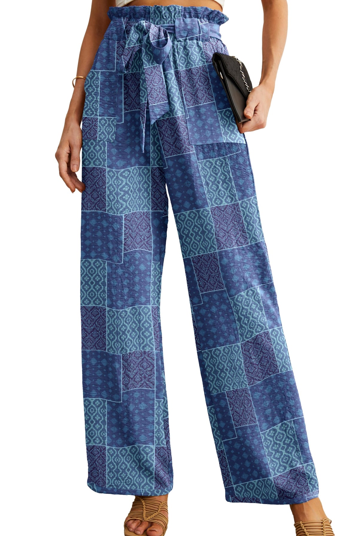 IWOLLENCE Women High Waist Palazzo Pants, Adjustable Knot Ankle Wide Leg Trousers Pockets Beach Vacation Lounge Office