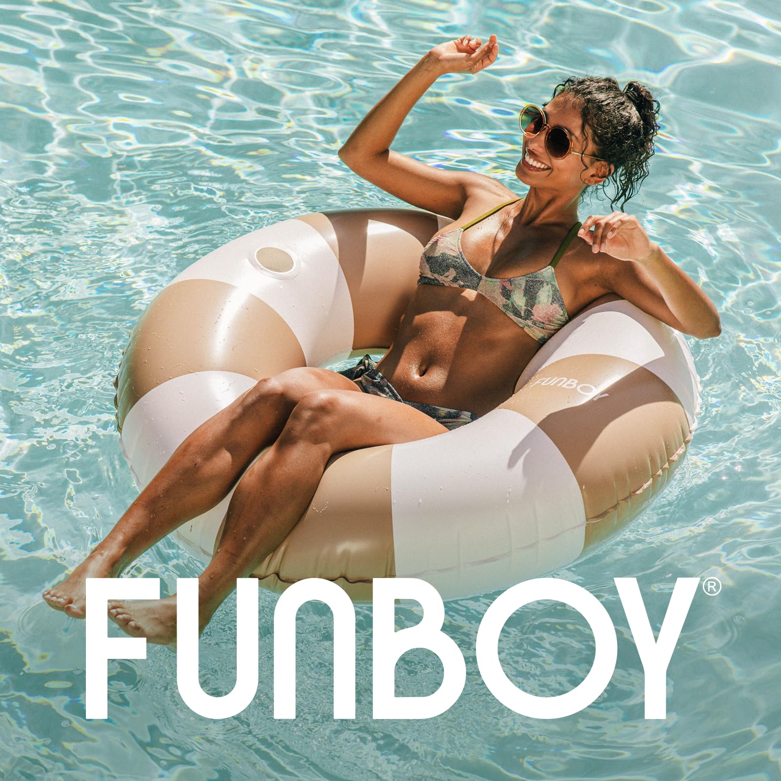 FUNBOY Giant Vintage Stripe Inflatable Tube Pool Float with Cup Holder 48" Large Pool Float for Adults Inner Tube Swimming Pool Toys Swim Rings Pool Lounger Float for Pool Party & Summer