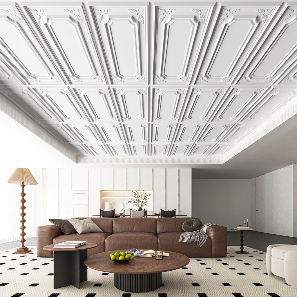 Art3dwallpanels 12 Pack Drop Ceiling Tiles, 2x4 Ft PVC Decorative 3D Wall Panel, Glue Up Ceiling Covering Panels for Basement Kitchen Bathroom, 24x48 Inch, Cover 96 Sq. Ft, White