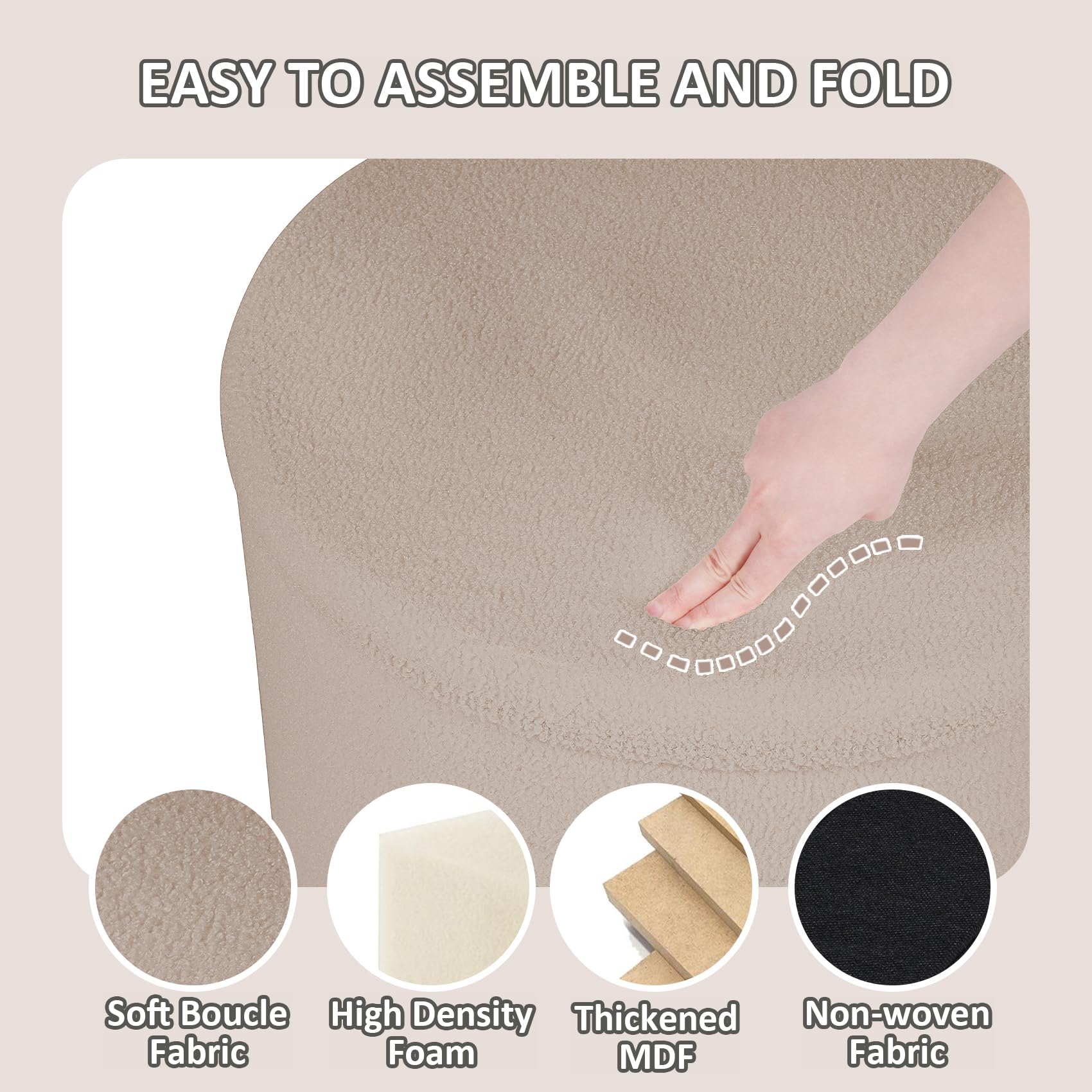 PINPLUS Round Storage Ottoman Foot Rest Stool with Tray Velvet Sherpa Folding Storage Ottoman,Boucle Foot Rest for Living Room, Bedroom, Dorm（Beige）