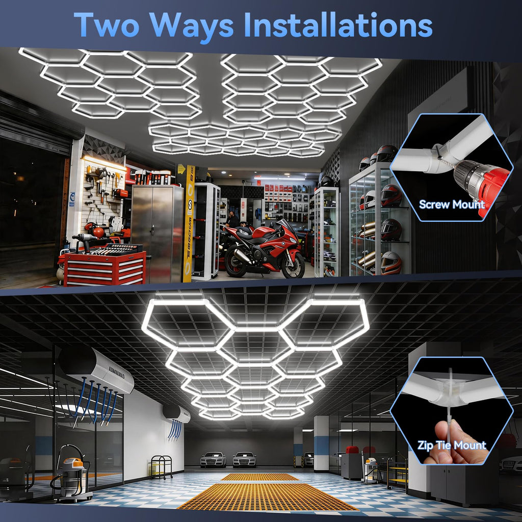 LZHOME LED Hexagon Garage Light: 12700LM Car Detailing Shop Light, DIY Splicing Ceiling & Wall Decor Lights, for Workshop Basement Gym Warehouse Bar Gaming Room
