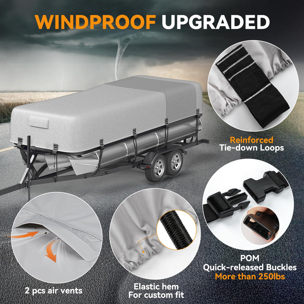 5-Ply 1600D+1200D Pontoon Boat Cover - Fully Waterproof & Ultra-Durable Tear-Resistant, with Large Storage Bag & Reinforced Windproof Straps (Fits 17'-20' Length,102" Width)