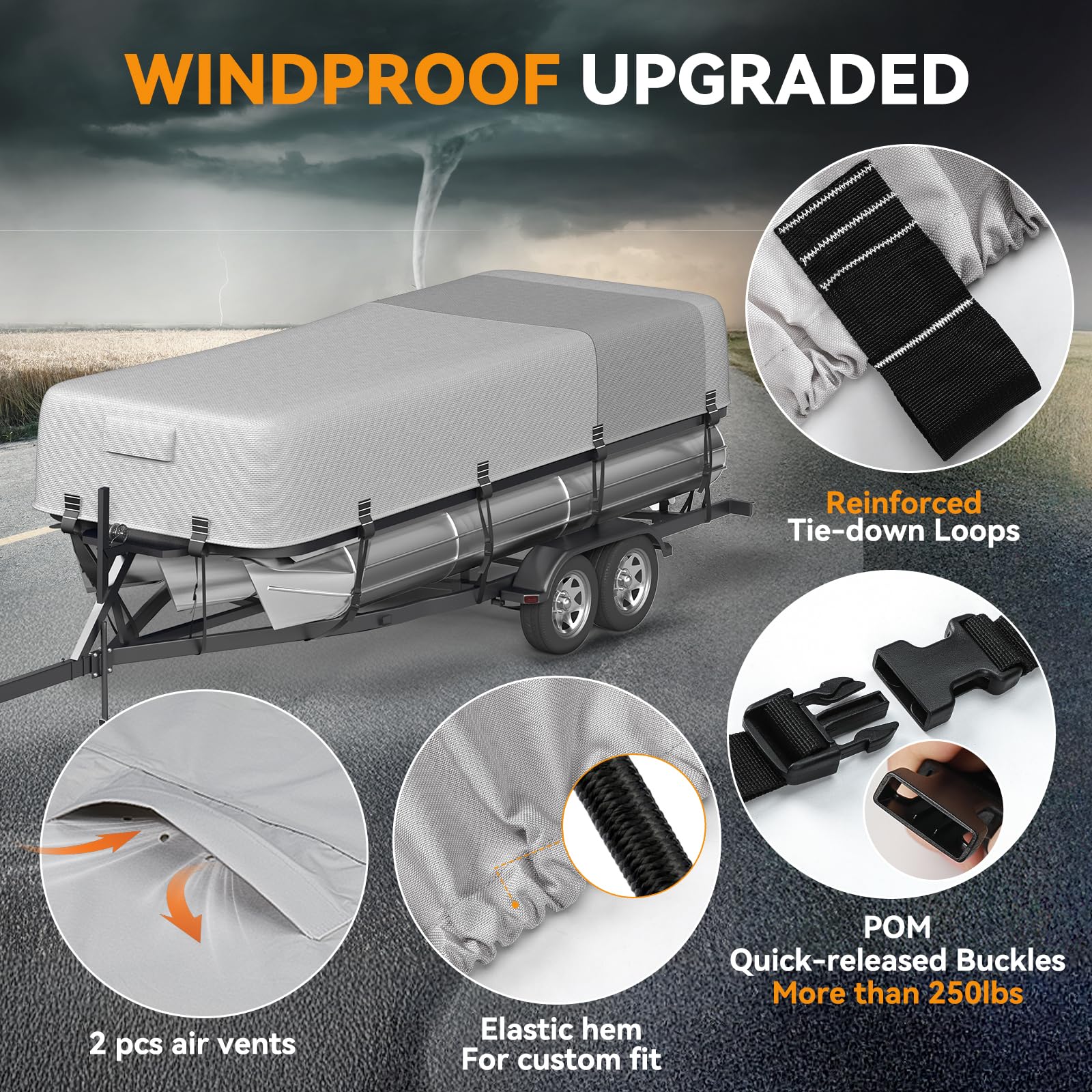 5-Ply 1600D+1200D Pontoon Boat Cover - Fully Waterproof & Ultra-Durable Tear-Resistant, with Large Storage Bag & Reinforced Windproof Straps (Fits 17'-20' Length,102" Width)