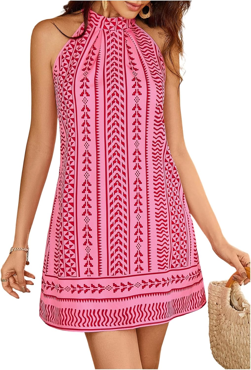 Floerns Women's Sleeveless Floral Print Sundress Halter Neck A Line Short Dress