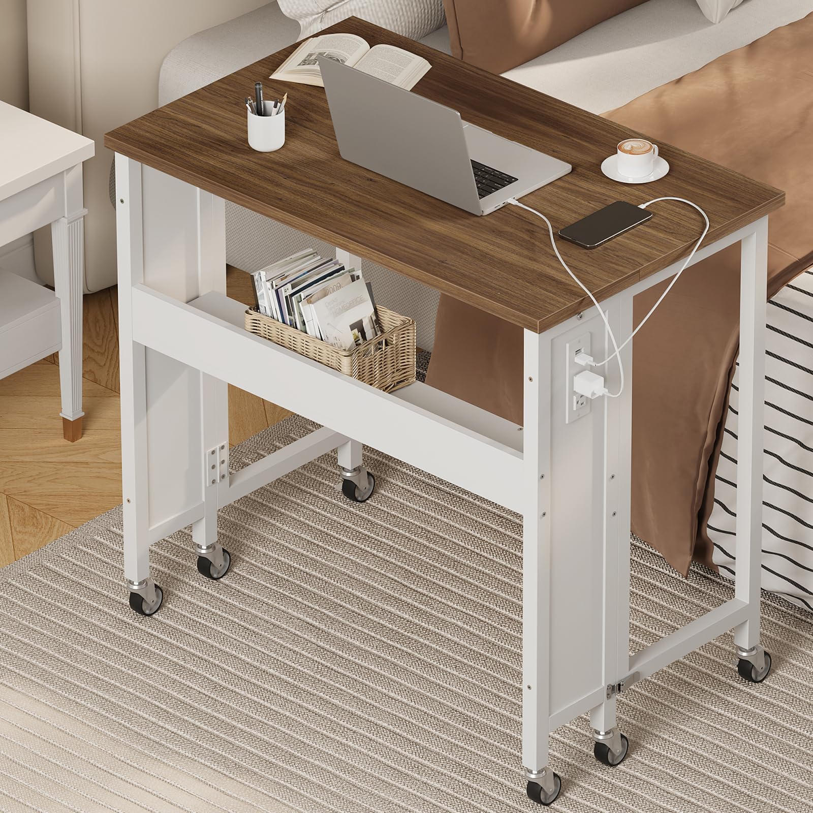 CHOEZON Folding Desk with Power Outlets, 31.5" Rolling Computer Table with Wheels, Portable Office Desk with Storage Shelf for Small Spaces Black TDN01UBB