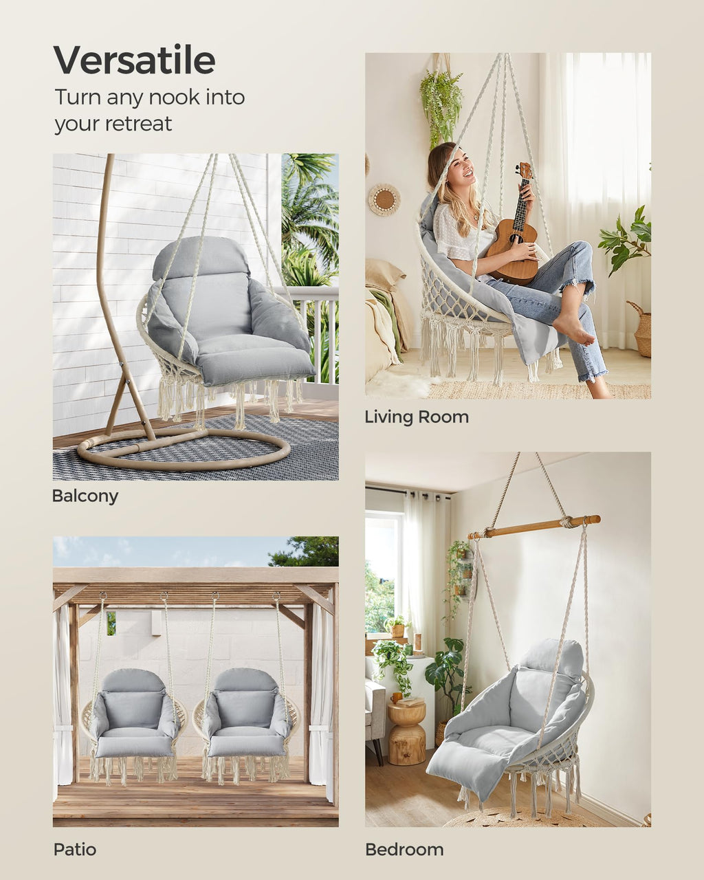 SONGMICS Hanging Chair, Hammock Chair with Large, Thick Cushion, Boho Swing Chair for Bedroom, Patio, Balcony, Garden, Holds up to 264 lb, Accessories Included, Cream White UGDC042M01