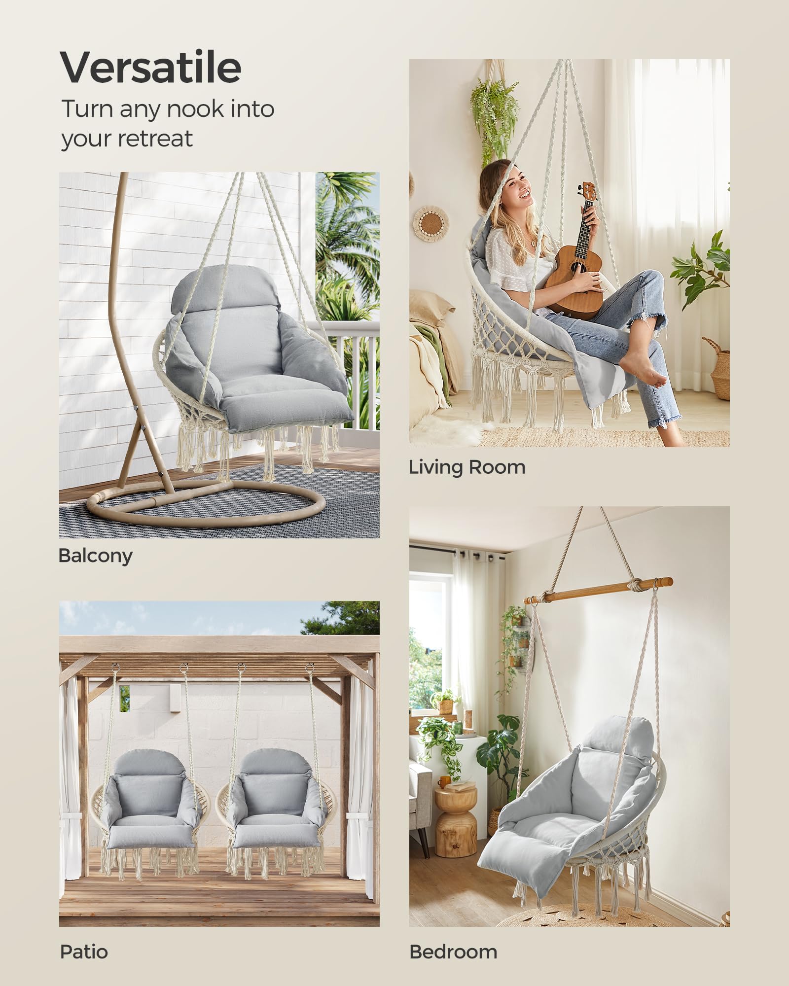 SONGMICS Hanging Chair, Hammock Chair with Large, Thick Cushion, Boho Swing Chair for Bedroom, Patio, Balcony, Garden, Holds up to 264 lb, Accessories Included, Cream White UGDC042M01