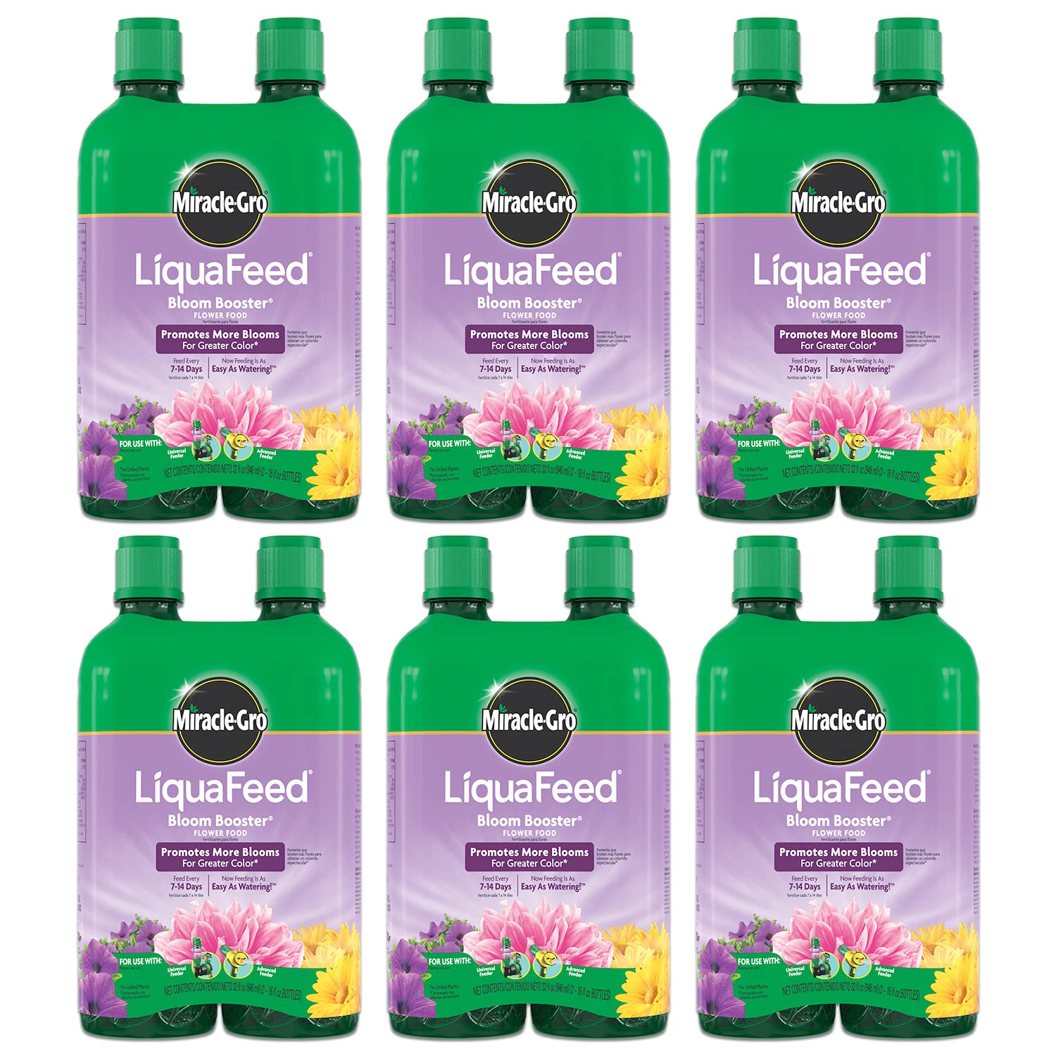 Miracle-Gro LiquaFeed Bloom Booster Flower Food Refills, Plant Fertilizer, 16 fl. oz., 2 Bottles/Pack (6-Pack)