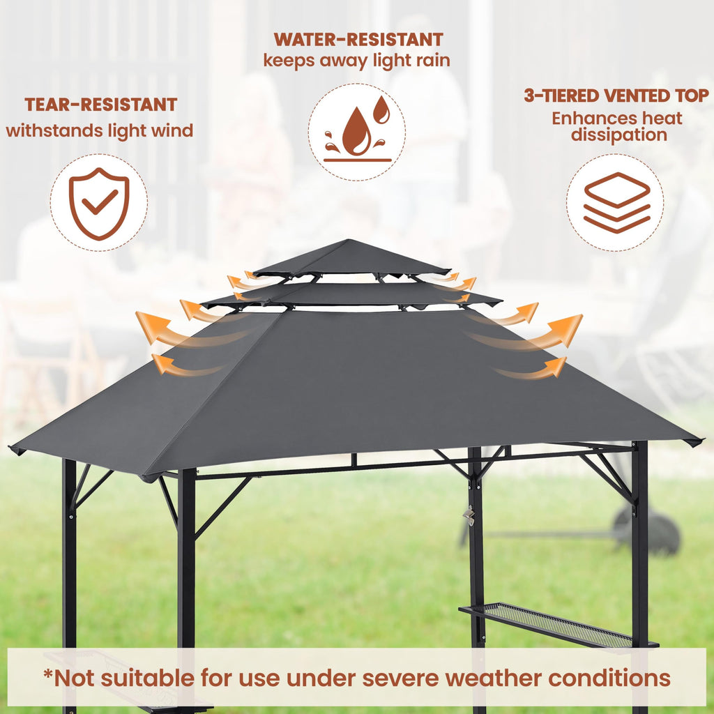 Yaheetech 8x5' Grill Gazebo, 3-Tier Outdoor BBQ Gazebo with Height-Adjustable Shelves & 10 S-Shaped Hooks & Built-in Bottle Opener, Brown