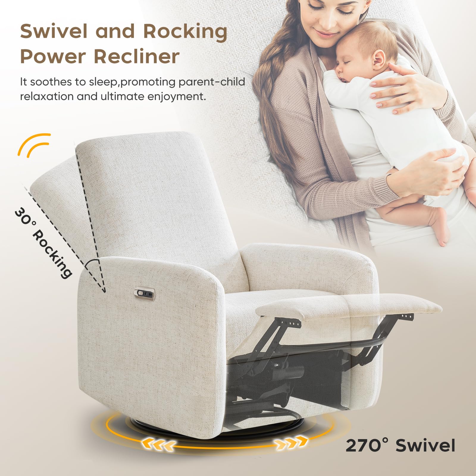 Power Recliner Chair, Swivel Rocker Recliner w/USB & Type-C Charging Ports, Chenille Upholstered Swivel Rocker Glider Recliner for Nursery,Living Room, Bedroom, 1PC, Cream