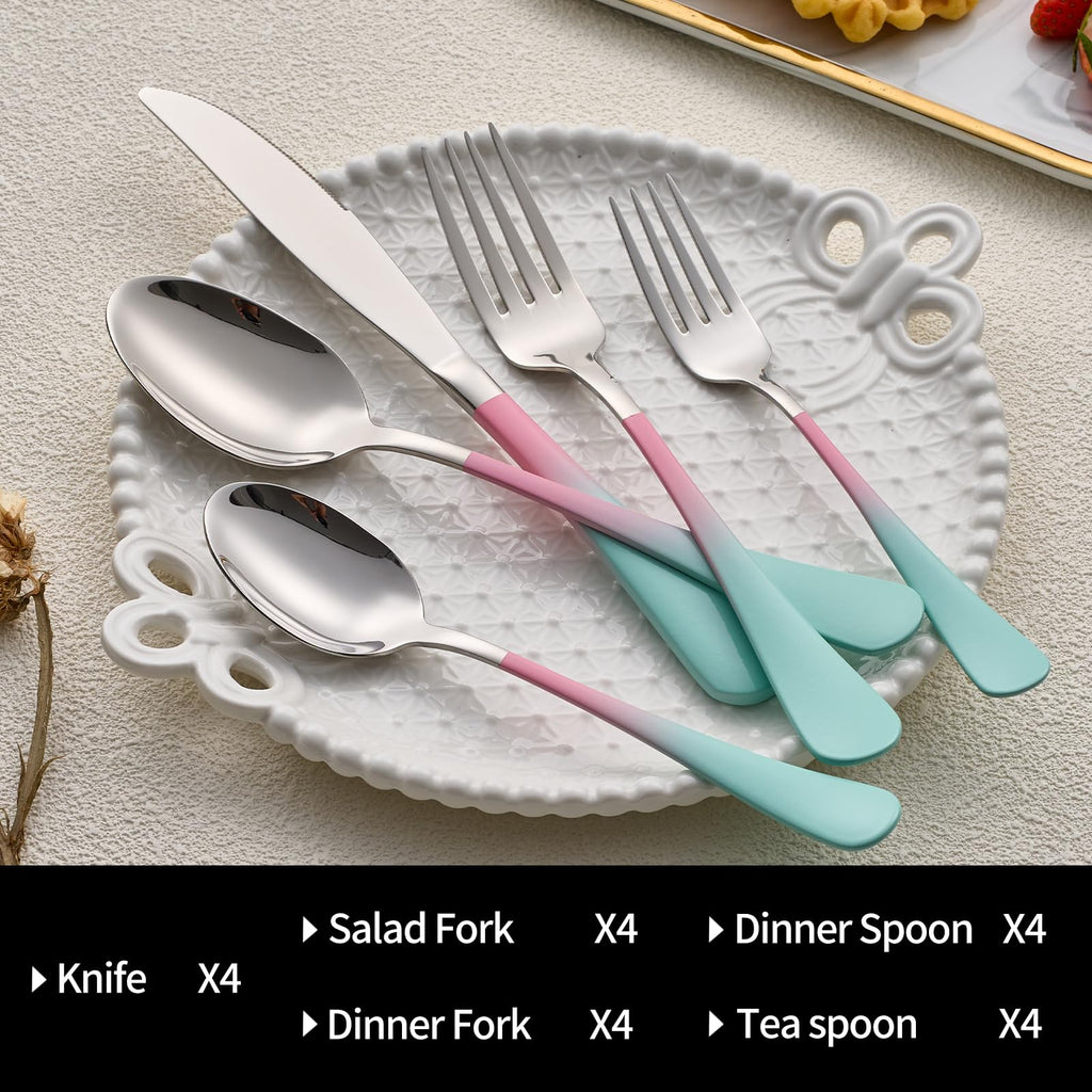 20-Pieces Blac and Pink Silverware Sets for 4,Pink Handle Stainless Steel Cutlery Set, Include Forks Spoons and Knives Set, Dishwasher Safe Utensil Sets for Home Restaurant