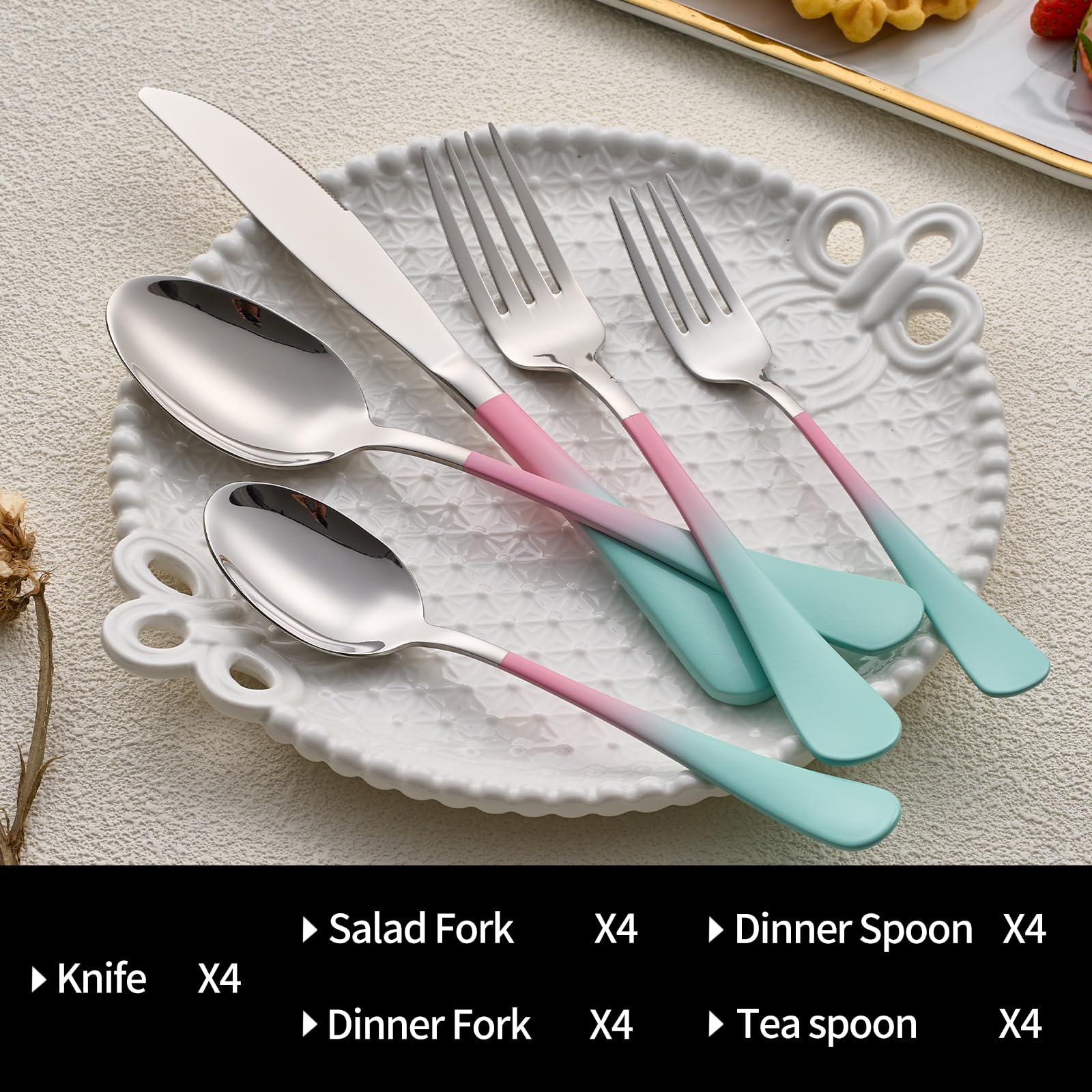 20-Pieces Blac and Pink Silverware Sets for 4,Pink Handle Stainless Steel Cutlery Set, Include Forks Spoons and Knives Set, Dishwasher Safe Utensil Sets for Home Restaurant