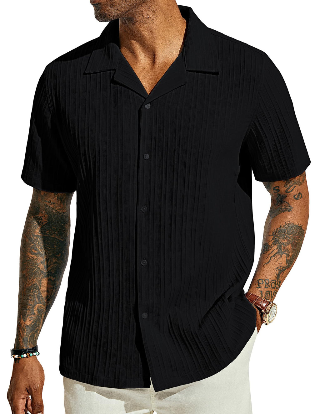 PJ PAUL JONES Men's Casual Button Down Shirts - Short Sleeve Summer Textured Beach Wrinkle-Free Shirts