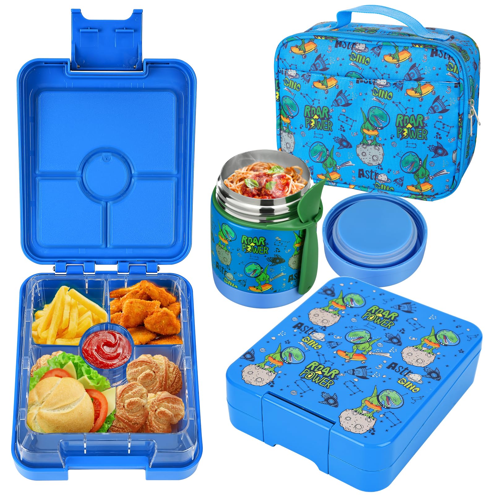 Bento Lunch Box Set for Kids with 10oz Soup Thermo, Leak-Proof Lunch Containers with 4 Compartment, Kids Thermo Hot Food Jar and Insulated Lunch Bag for Kid to School,BPA-Free(Basketball)