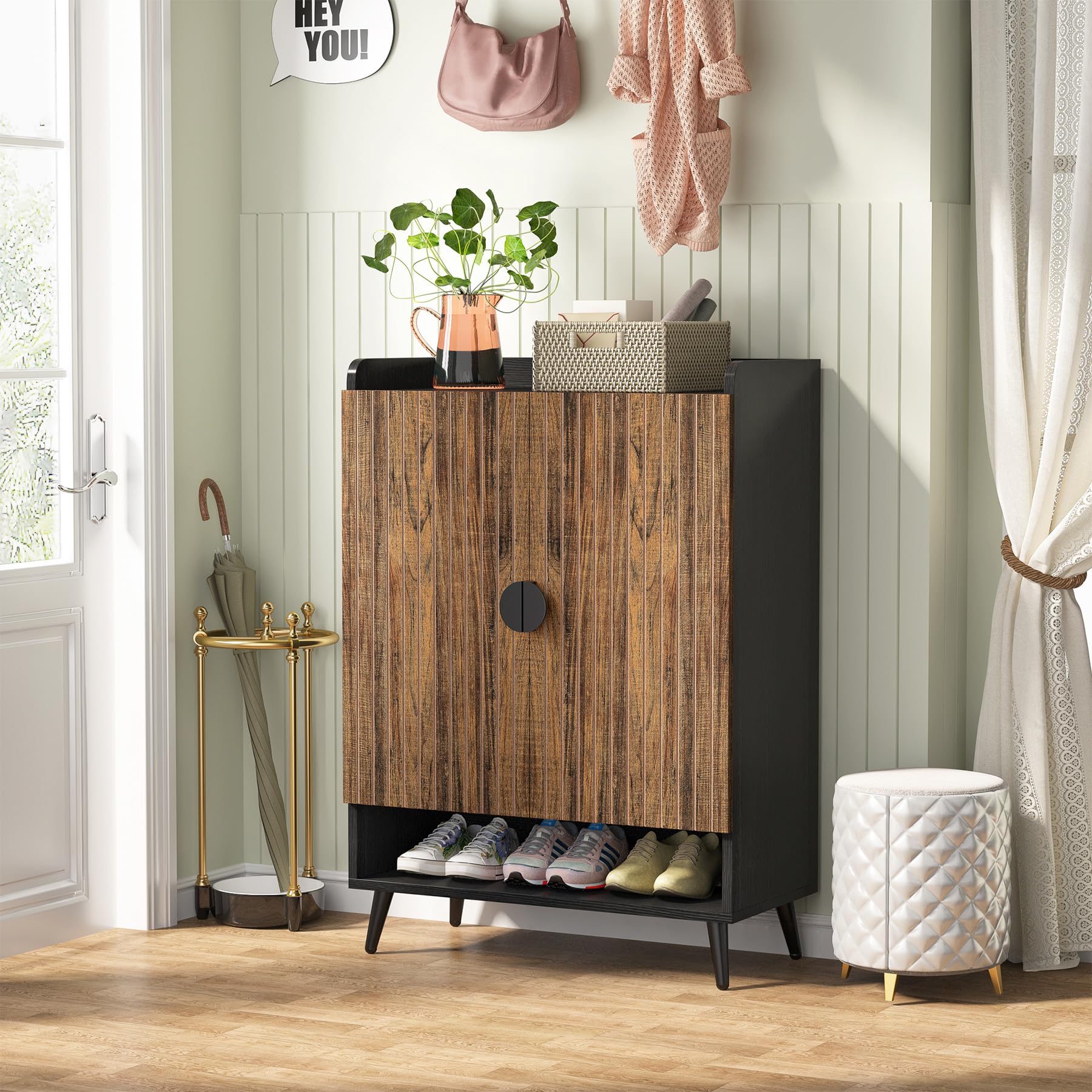 Tribesigns Shoe Cabinet with Doors, 7-Tier Shoe Storage Cabinet with Adjustable Shelves, Wooden Shoes Rack Shoe Storage Organizer for Entryway, Hallway, Closet, Living Room, Black