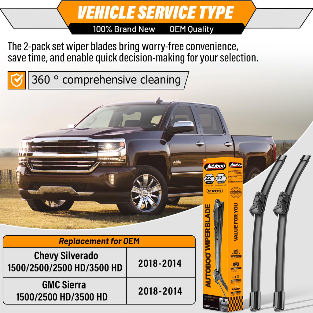 OEM Windshield Wiper Blades Replacement for Chevy Silverado Avalanche Tahoe Suburban 2007–2013, GMC Sierra Yukon 2008–2013, Cadillac Escalade ESV EXT 22" + 22", OE Style Beam Wipers Set of 2