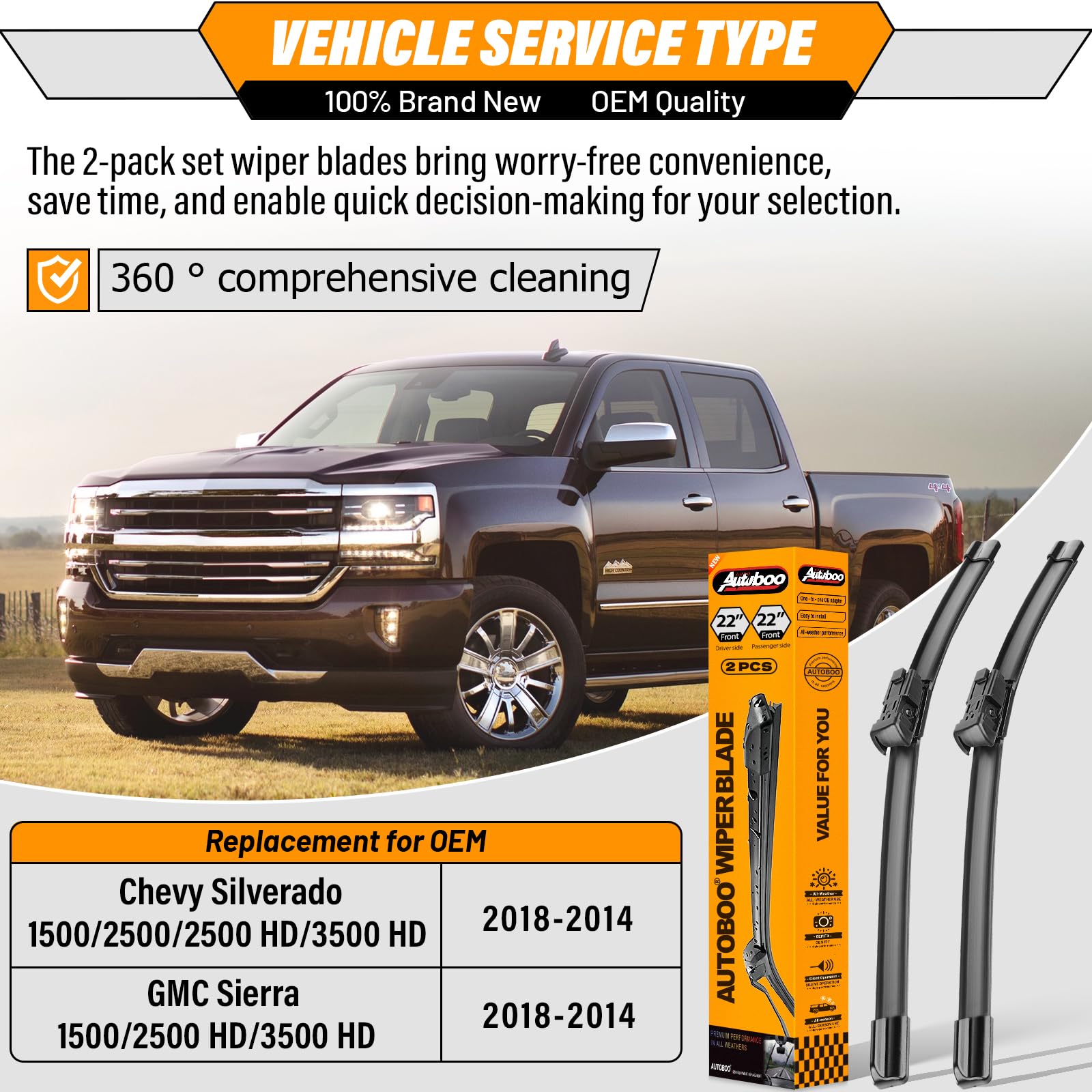 OEM Windshield Wiper Blades Replacement for Chevy Silverado Avalanche Tahoe Suburban 2007–2013, GMC Sierra Yukon 2008–2013, Cadillac Escalade ESV EXT 22" + 22", OE Style Beam Wipers Set of 2