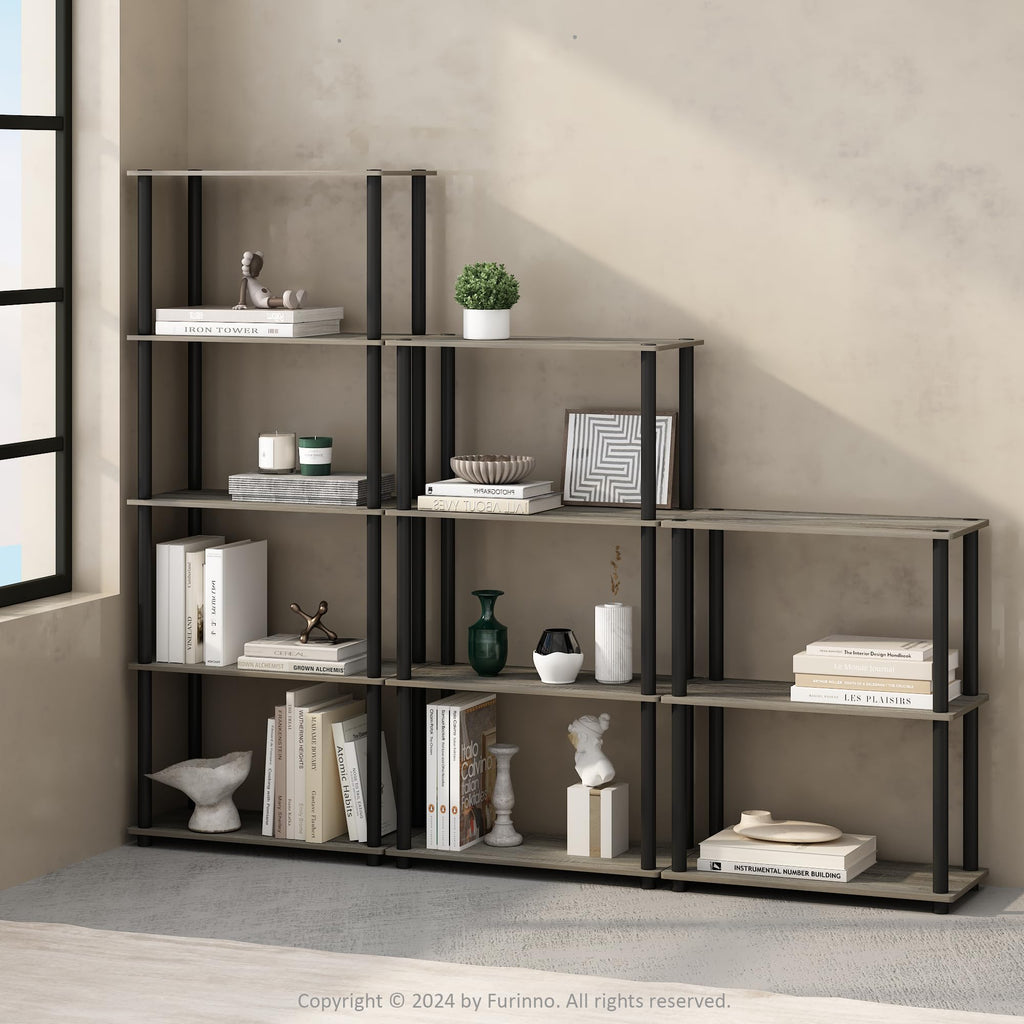 Furinno Turn-N-Tube Book Shelf, 4-Tier Bookshelf, Bookcase with Multipurpose Compact Display Rack, 11.6 x 23.6 x 43.2, for Living Room, Bedroom, Home Office, Americano/Black