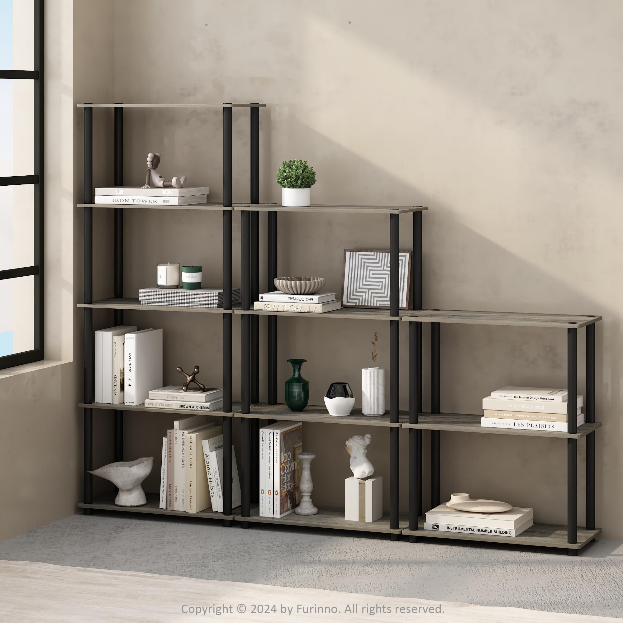 Furinno Turn-N-Tube Book Shelf, 4-Tier Bookshelf, Bookcase with Multipurpose Compact Display Rack, 11.6 x 23.6 x 43.2, for Living Room, Bedroom, Home Office, Americano/Black