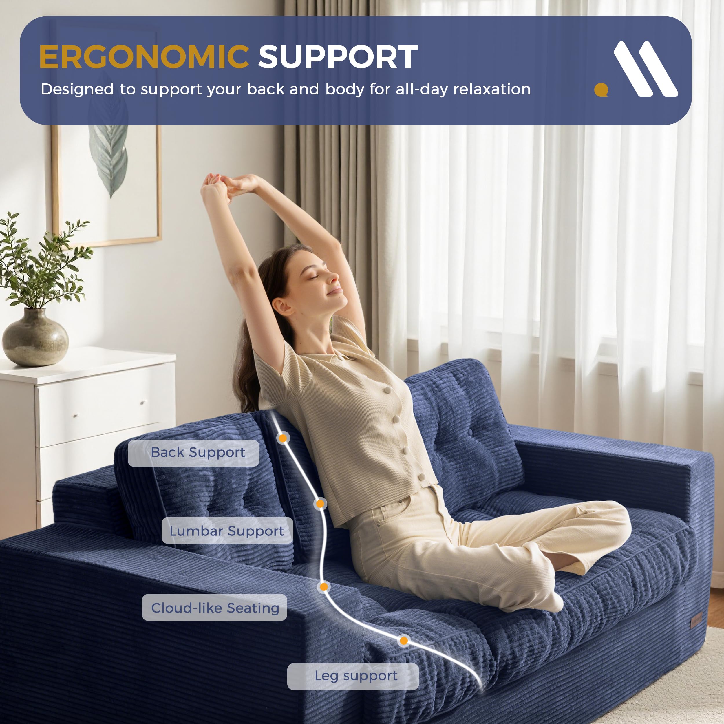 MAXYOYO 3 Seater Sofa Couch for Living Room, Tufted Boneless Couch Sofa Couch, Comfy Bubbled Bean Bag Chair for Apartment, No Assembly Needed, Beige