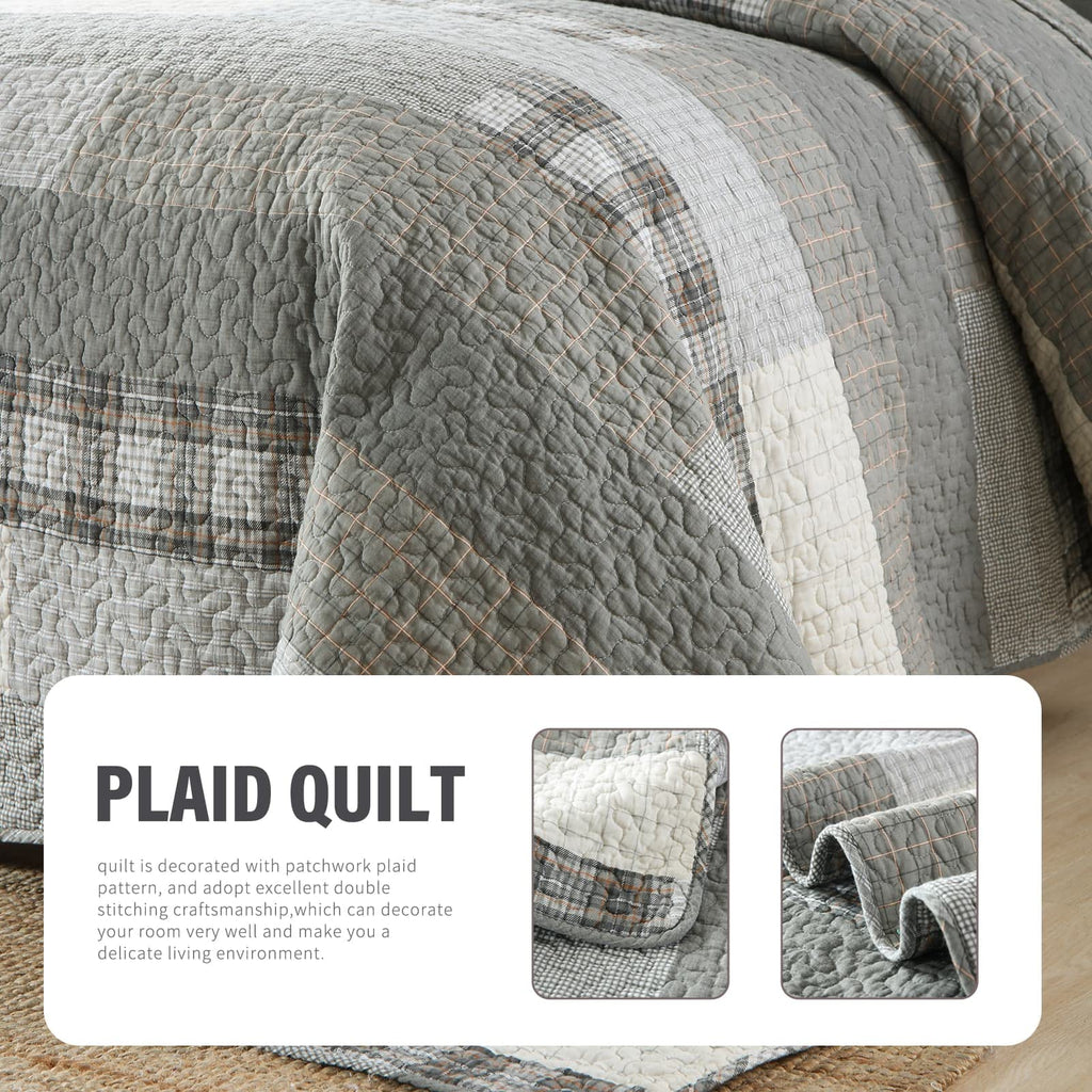 Y-PLWOMEN 100% Cotton Farmhouse Plaid Lightweight 3-Pieces Quilt Set (Blue Brown, Queen90 * 98 Inch)