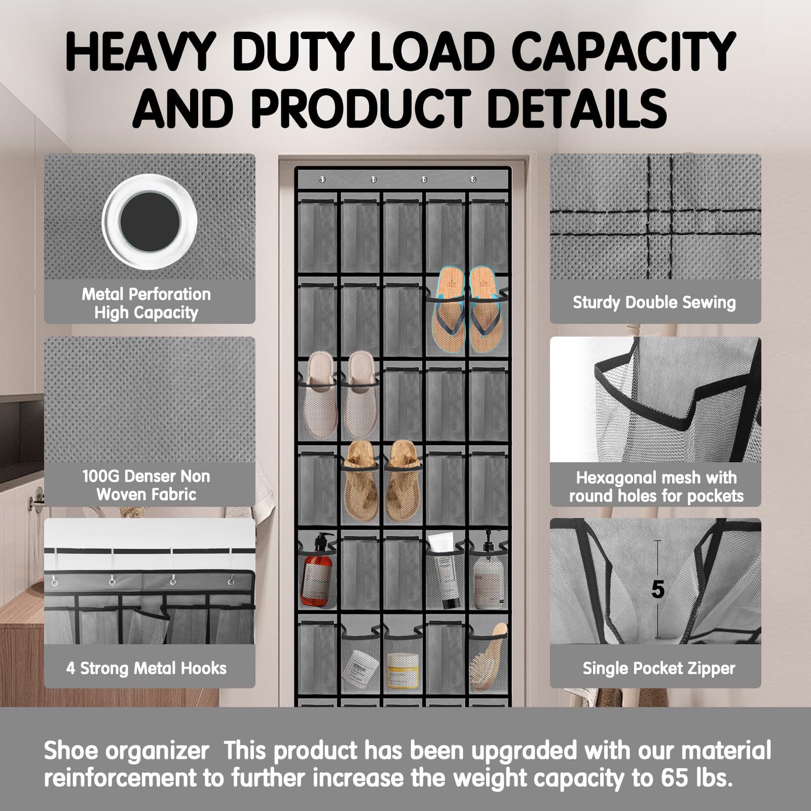 Kotkn 10 Tier Over The Door Organizer - Heavy Duty Hanging Storage Rack with Sturdy Oxford Fabric, Holds 20+ Pairs of Footwear, Boots & Sneakers, Saves 50% Closet Space(Beige)