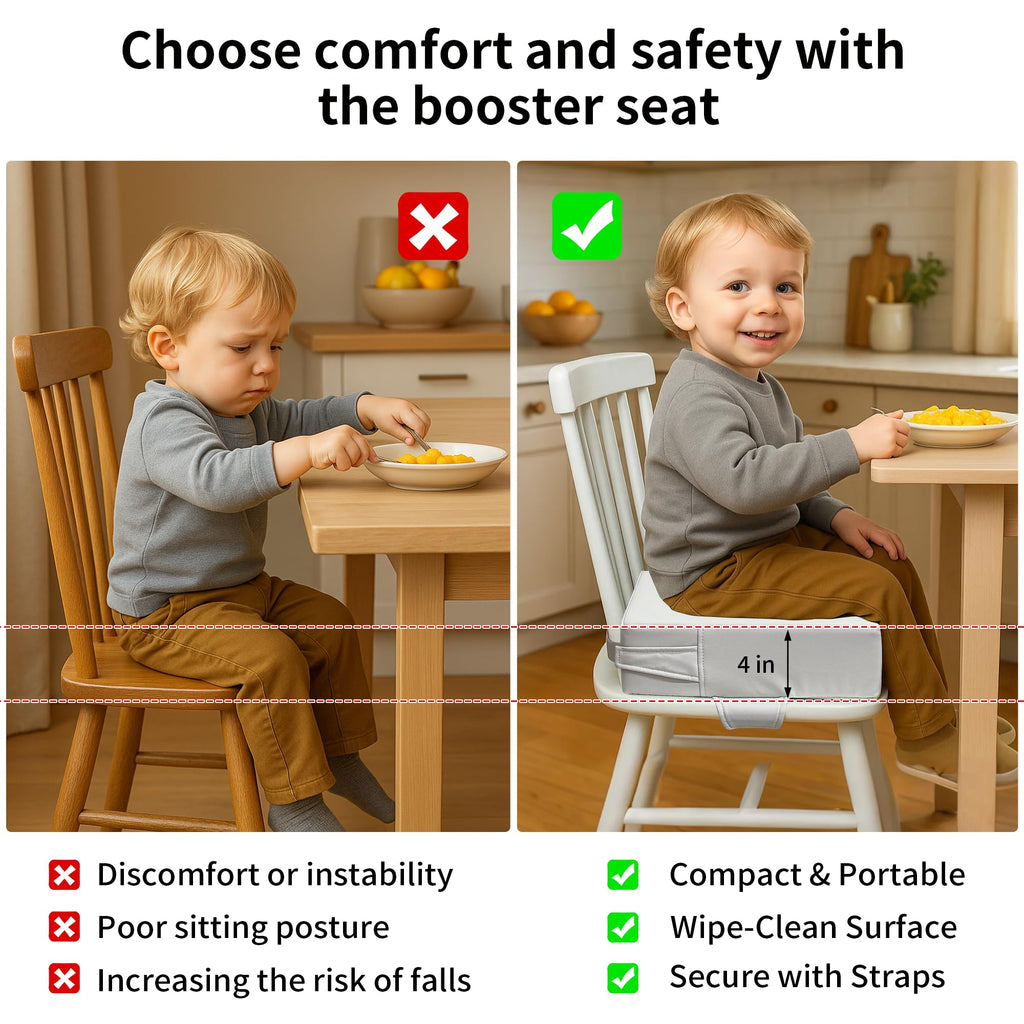 Toddler Booster Seat for Dining Table – PU Washable Cushion with Double Safe Straps, Non-Slip Bottom, Portable Travel Booster Seat for Toddlers (Dark Brown)