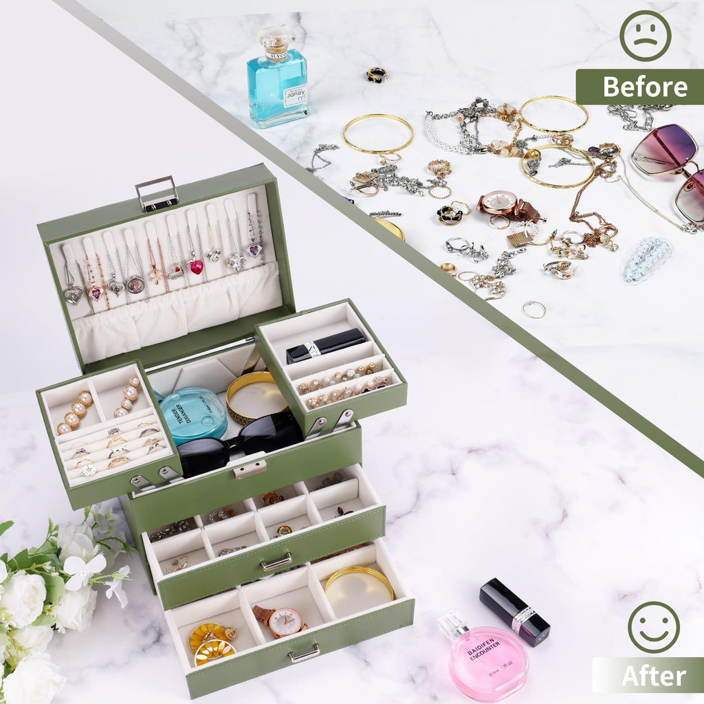 Dajasan Jewelry Organizer Box, Large Jewelry Boxes for Women Girls, Space-Saving 4 Layers Jewelry Storage Case with Drawer, Movable Metal Stand, Modern, Gift Idea (Green)