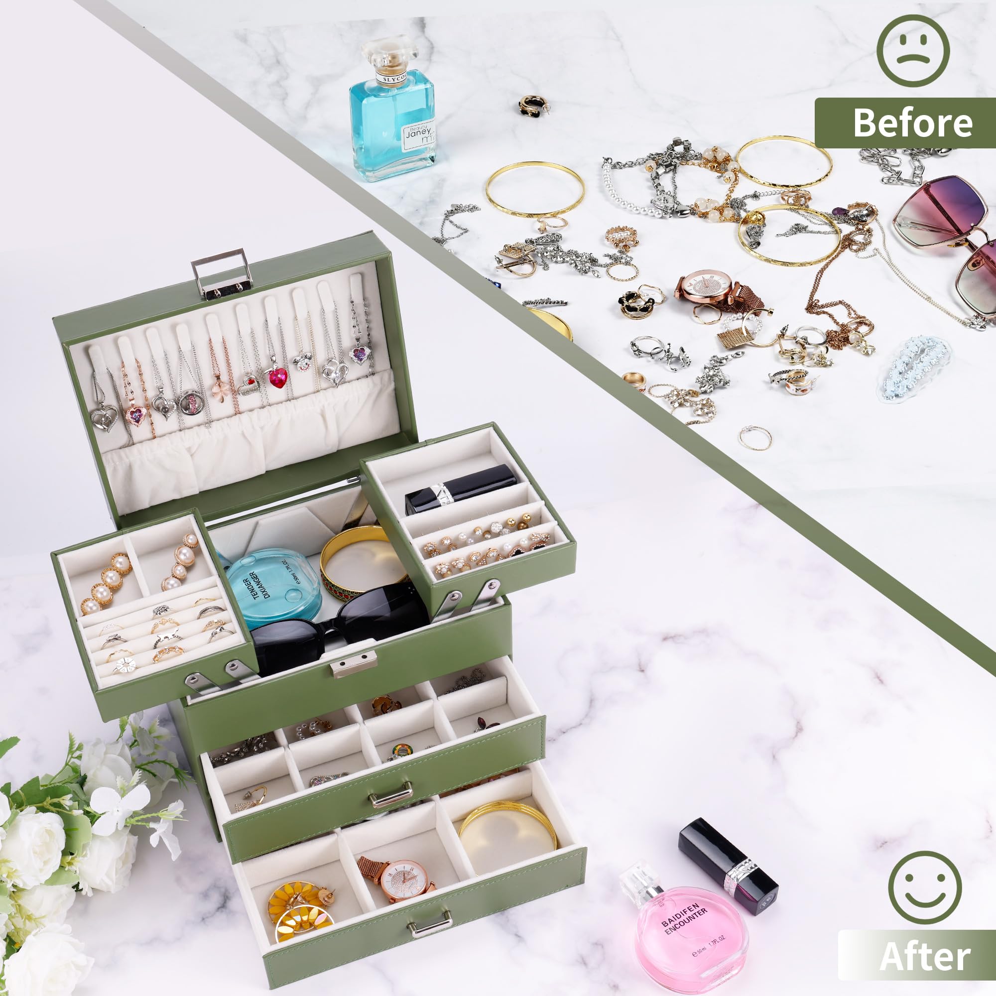 Dajasan Jewelry Organizer Box, Large Jewelry Boxes for Women Girls, Space-Saving 4 Layers Jewelry Storage Case with Drawer, Movable Metal Stand, Modern, Gift Idea (Green)