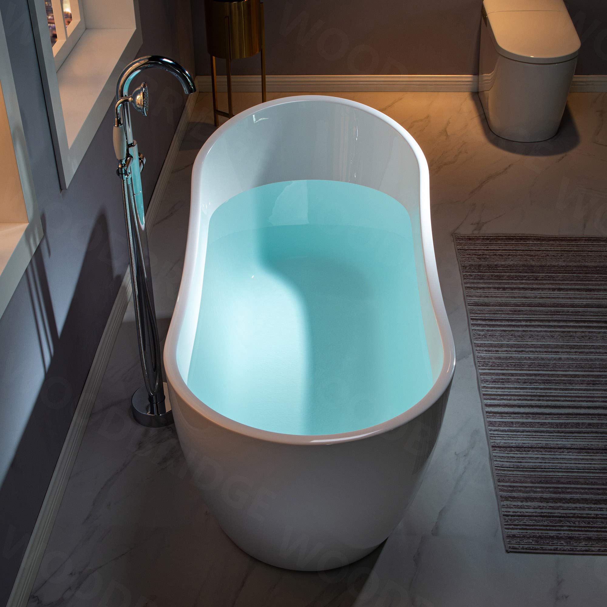 WOODBRIDGE 59" Acrylic Freestanding Bathtub Contemporary Soaking White Tub with Brushed Gold Overflow and Drain， B1530 -BG-Drain &O